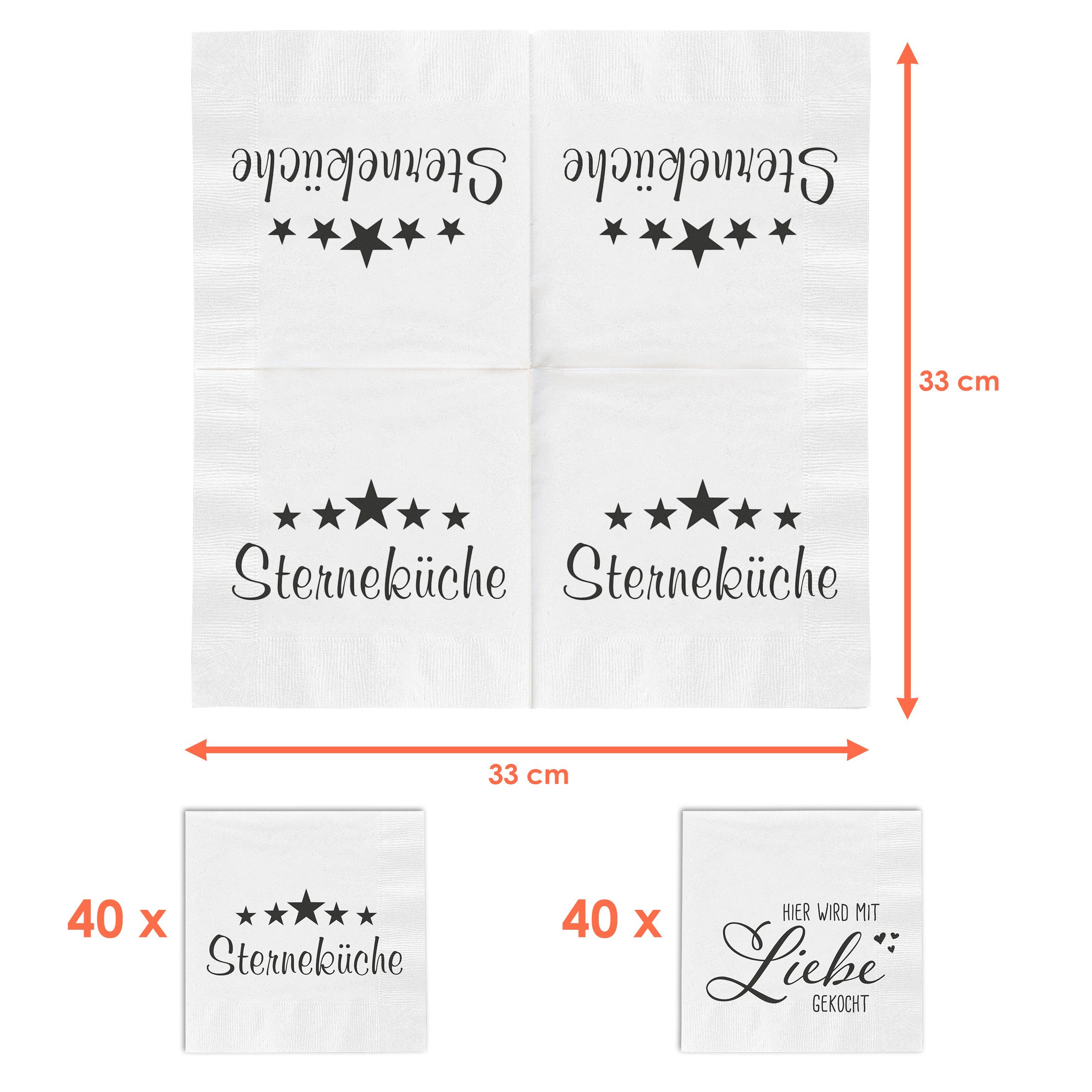 Spetebo Papierserviette Einwegservietten, (mit 2 verschiedenen Motiven, 80 St., 40 Stück pro Motiv), "Sterneküche" & "Hier wird mit Liebe gekocht"