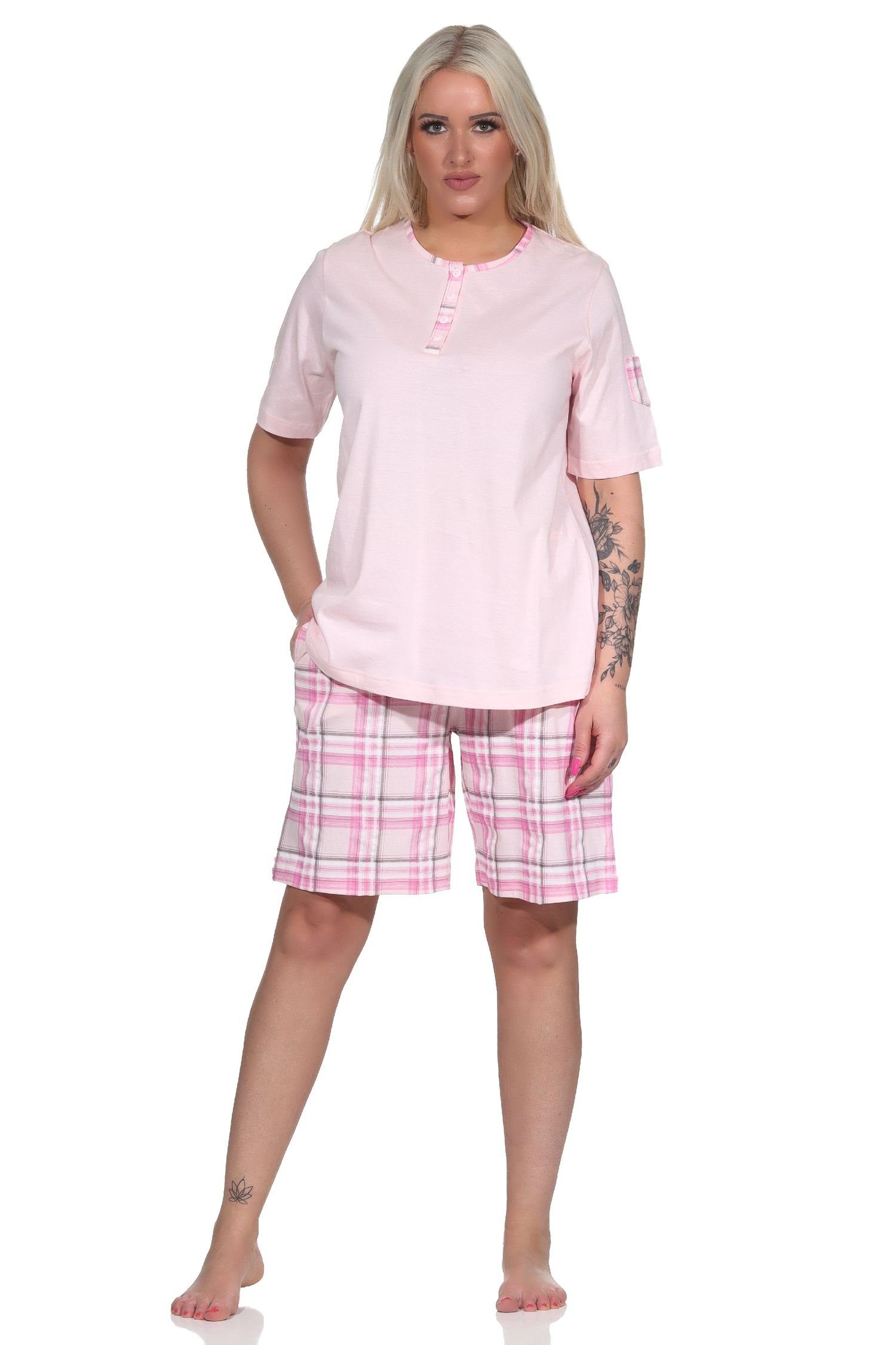 Normann Pyjama kurzarm Damen Jersey Hose mit Schlafanzug Shorty rosa aus karierter