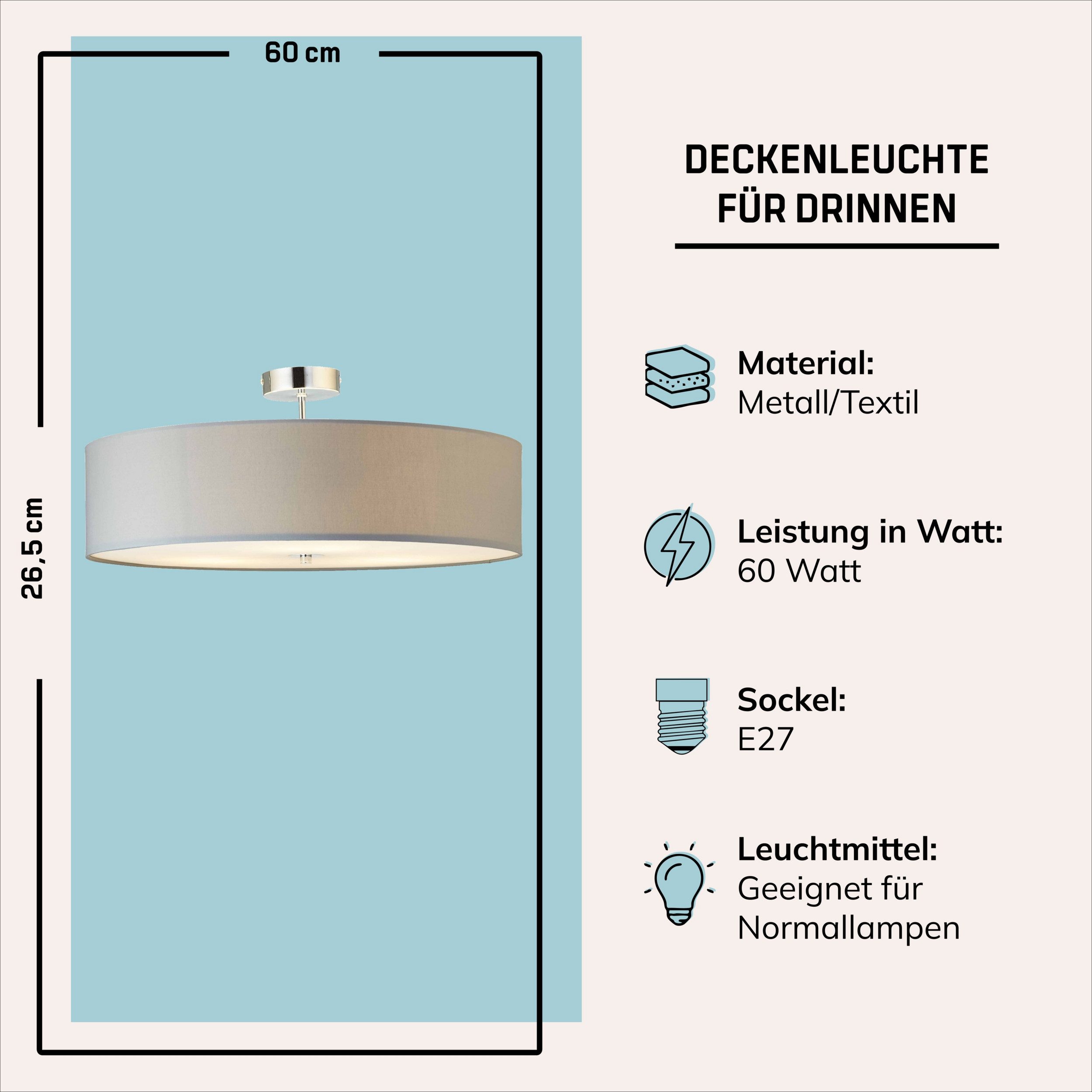 Lightbox Deckenleuchte, ohne Leuchtmittel, Deckenlampe schlichtem Stoffschirm - Metall/Textil - 60cm Durchmesser
