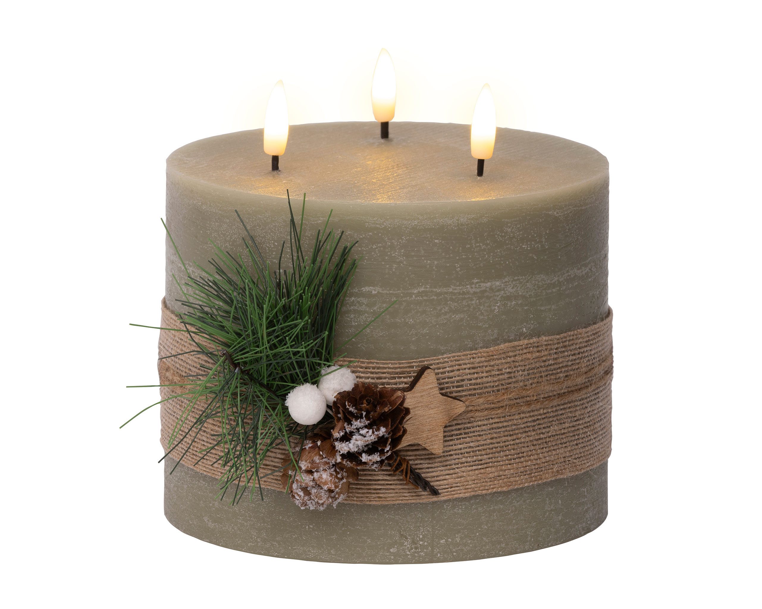 Lumineo LED-Kerze, LED Kerze mit Timer 3-flammig 15cm Wachs Rustik Grün / W günstig online kaufen