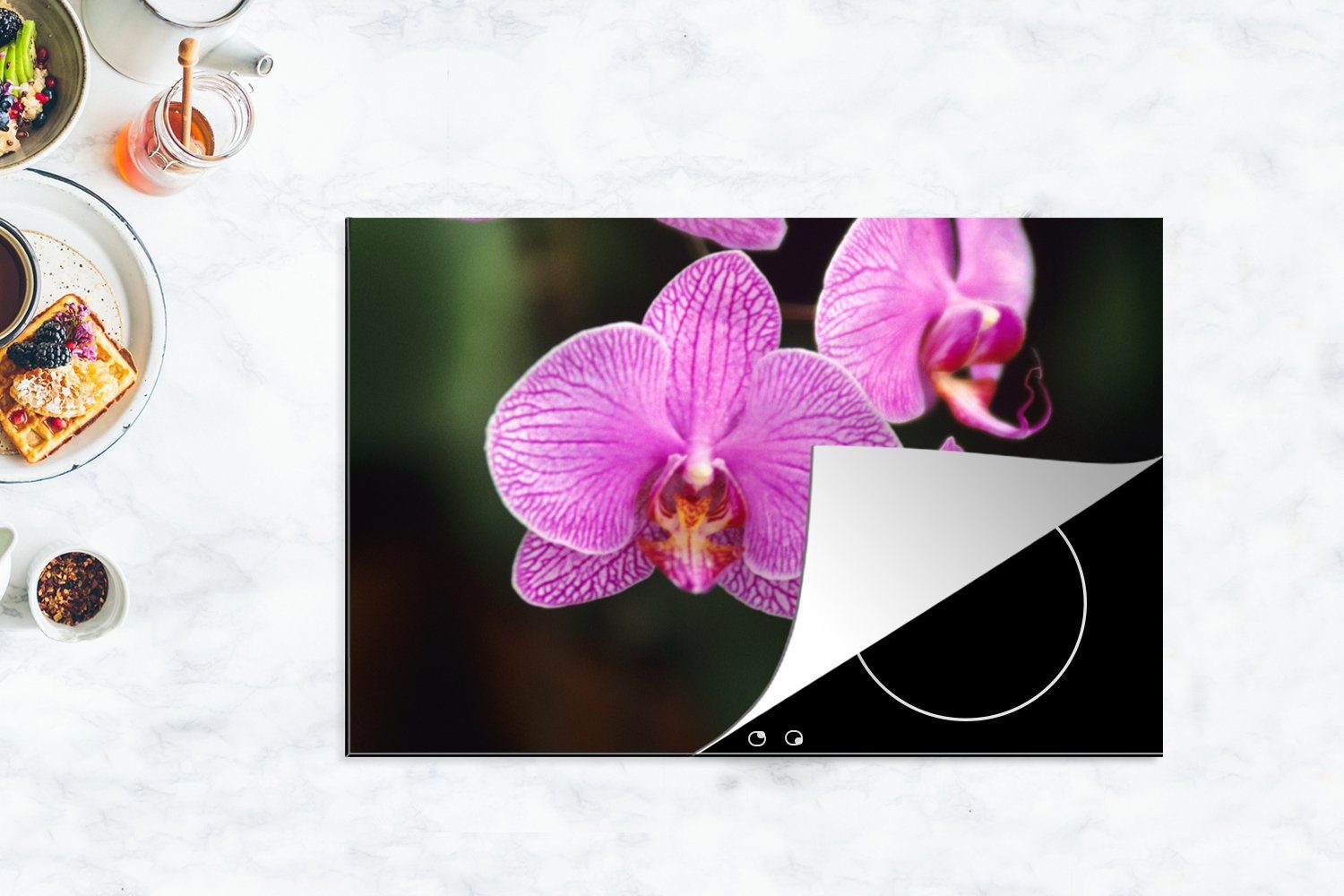 cm, MuchoWow Ceranfeldabdeckung Herdblende-/Abdeckplatte Schutz Induktionskochfeld tlg), (1 Rosa küche, 81x52 für die Orchidee, Vinyl,