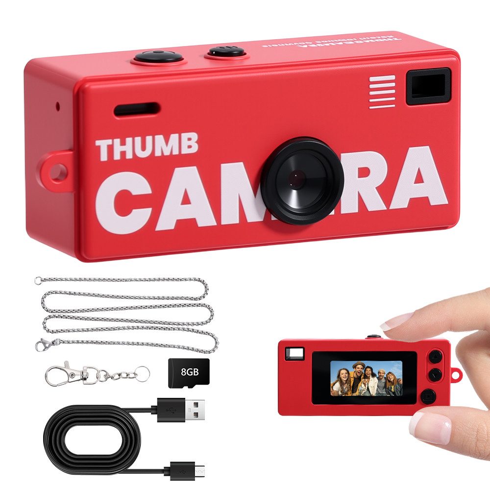 Pdgrid Retro Mini Daumenkamera 1080P mit Blitzlicht & 8GB TF-Karte Kompaktkamera (tragbar Kids Kamera, Schlüsselanhänger Digitalkamera, 1080 MP, 4 Filter mit Type-C, Tragbare Kleinkamera für Alltag Reisen Geschenk)