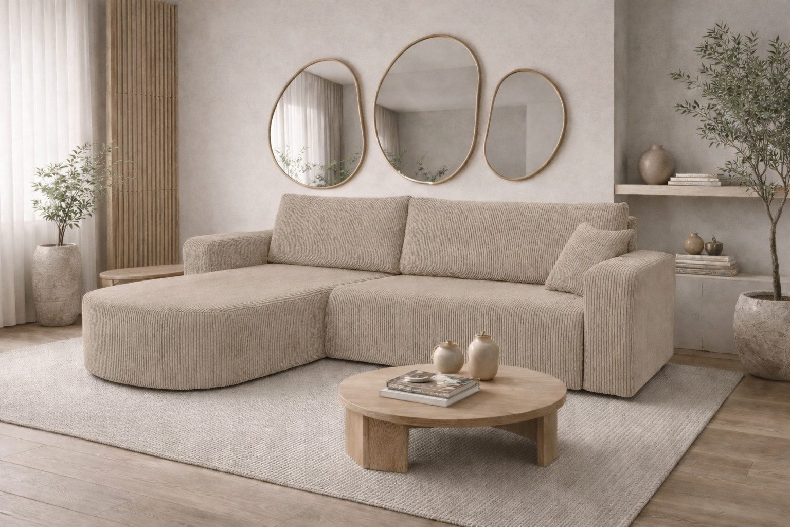 Kaiser Möbel Ecksofa mit Schlaffunktion für Wohnzimmer, Cordstoff Poso, ROUND ONE XL, XL-Format, abgerundete Form, Liegefunktion, Stauraum