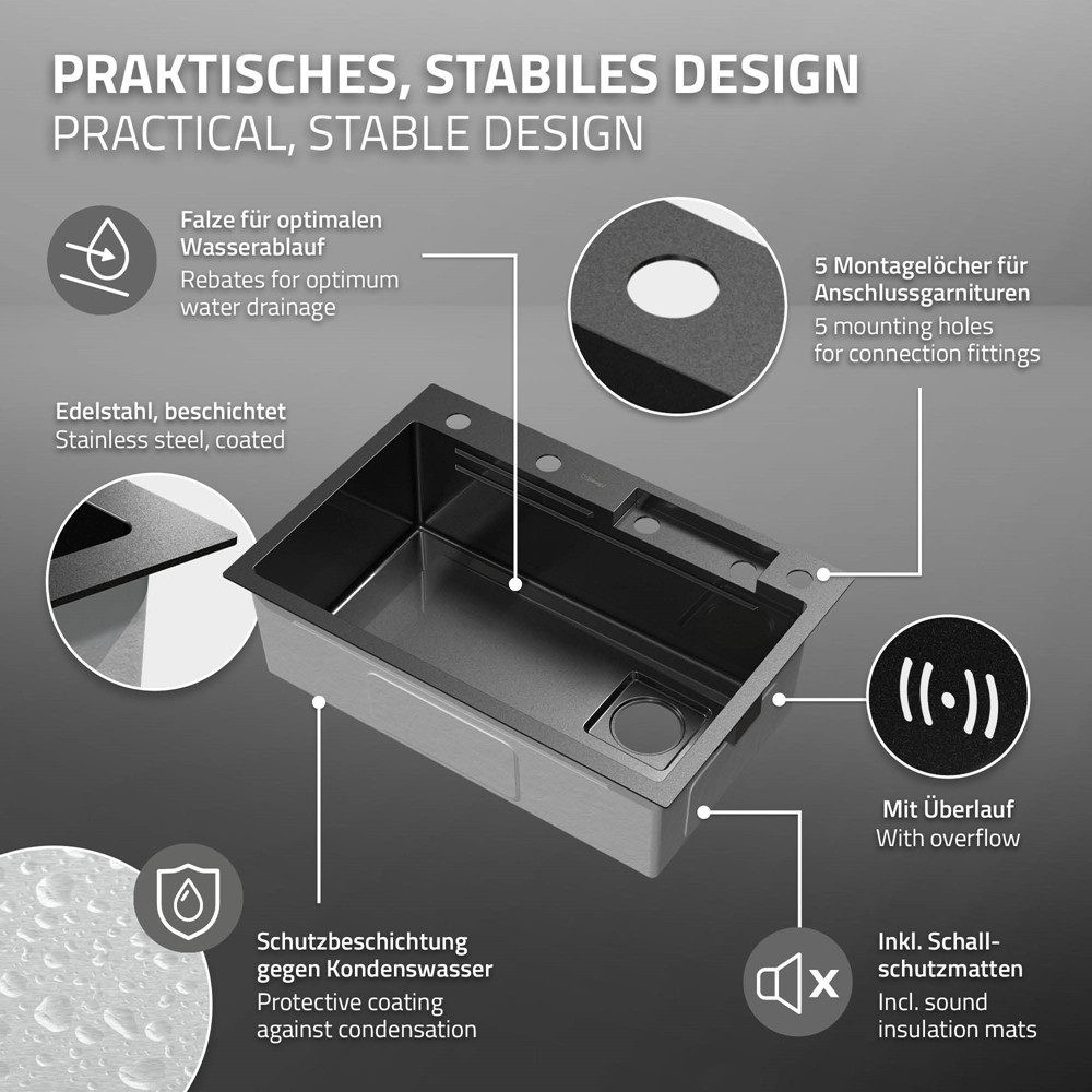 ML-DESIGN Küchenspüle Spülbecken aus Edelstahl Einbauspüle mit Wasserhahn & anderem Zubehör, 68/46 cm, Küchenspüle Multifunktionale Anthrazit rechteckig Waschbe – Bild 3 von 5