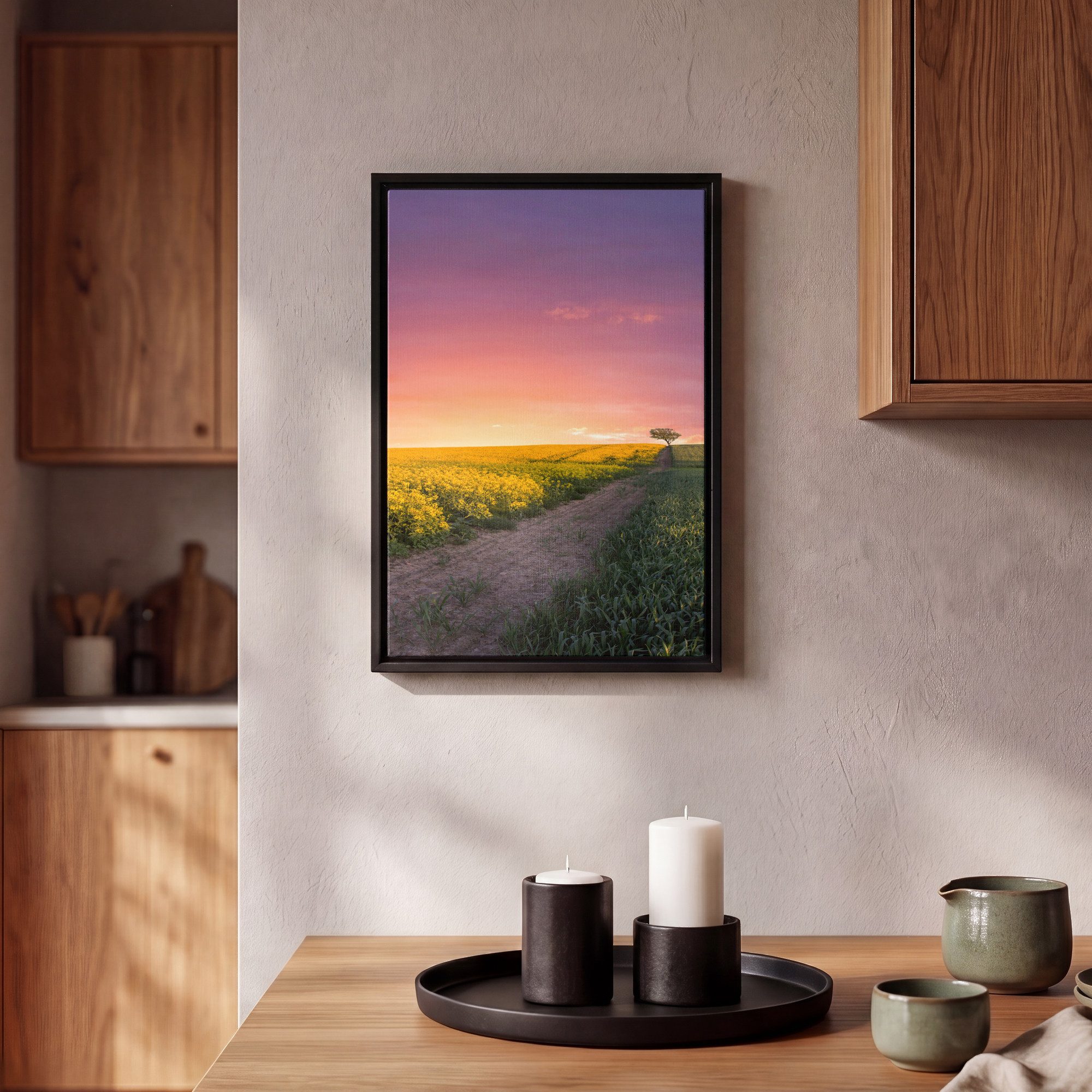 OneMillionCanvasses® Leinwandbild mit Rahmen - Blumen - Straße - Himmel - Gelb - Lila - Sonnenuntergang, Fotodruck (1 St), Deko für Wohnzimmer Schlafzimmer Küche 20x30cm