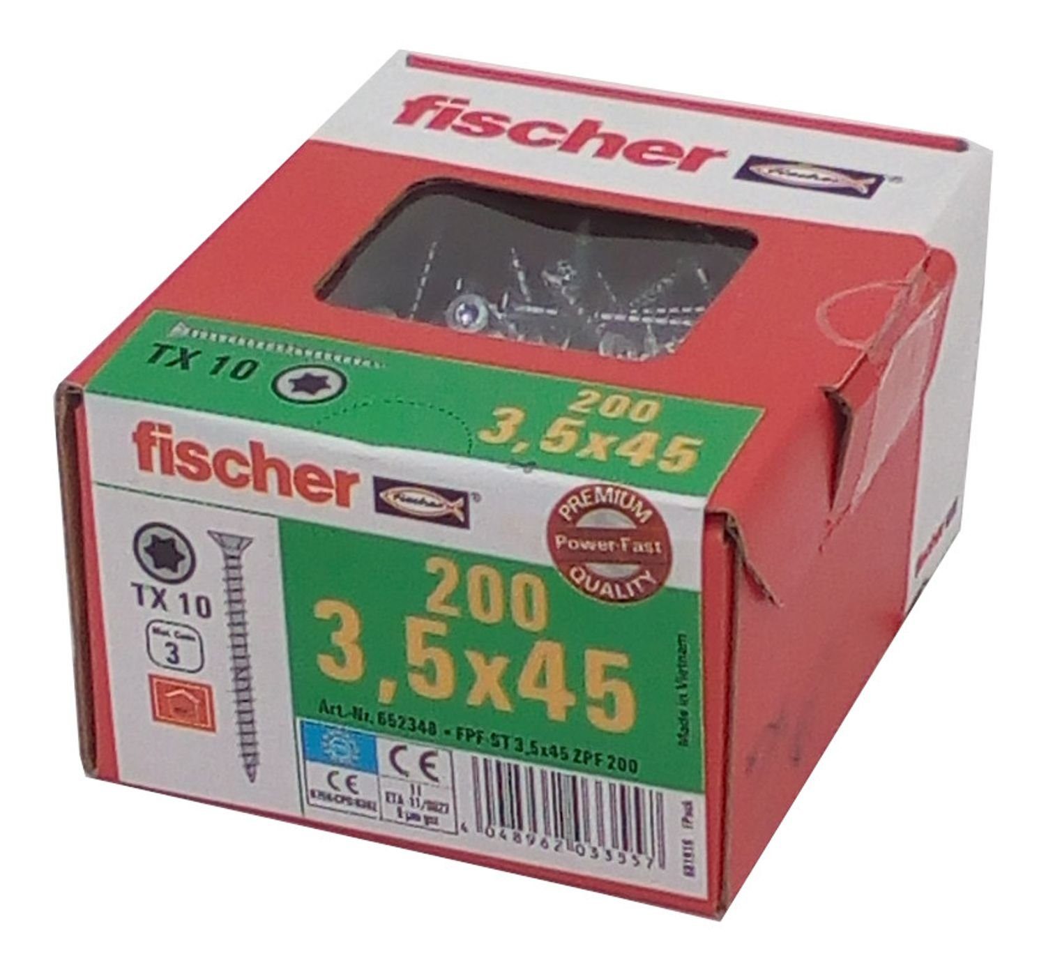 Fischer Befestigungstechnik Schraube 200x fischer Spanplattenschrauben 3,5x45 TX10 Holzschrauben verzinkt V, (Packung, 200 St)