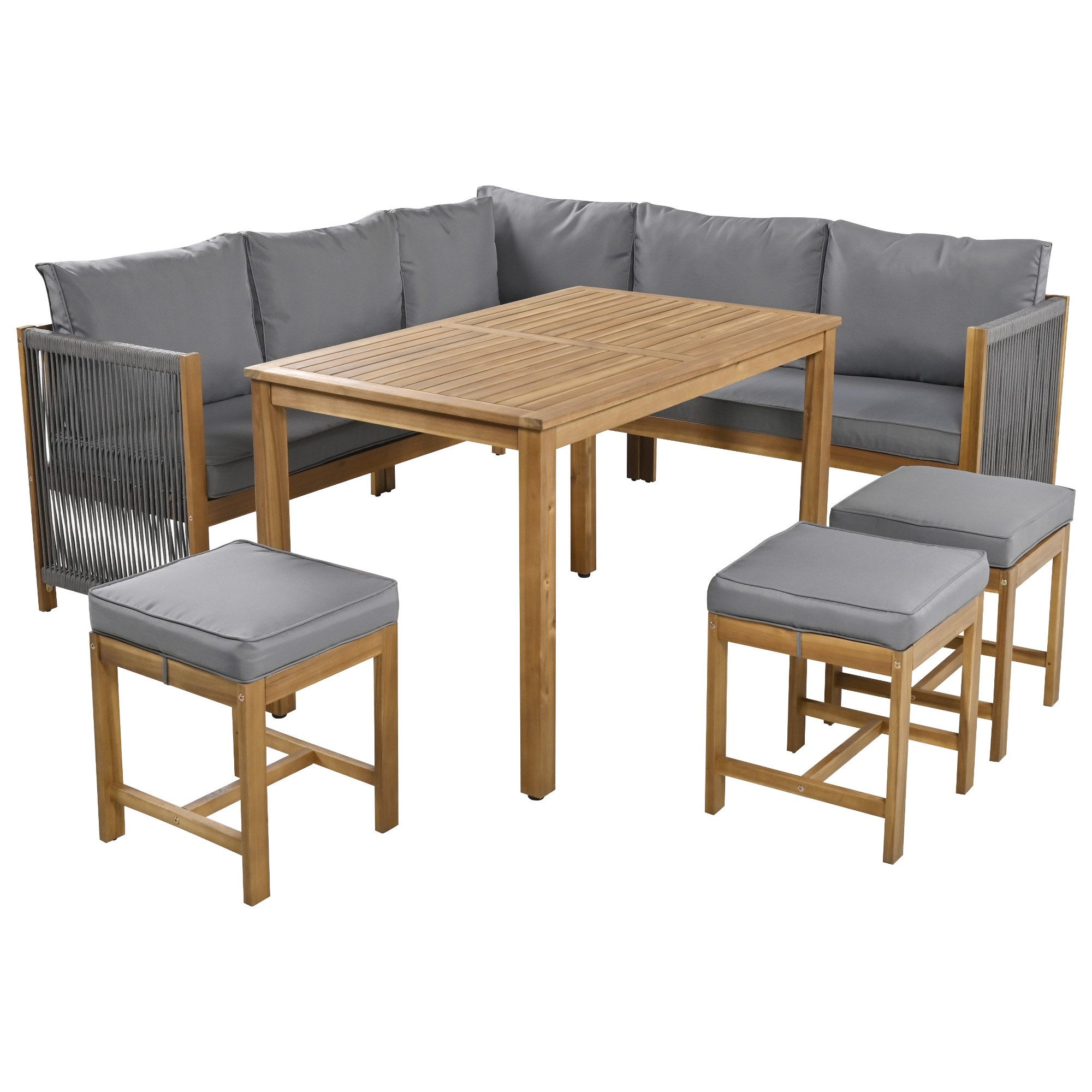 MC Star Gartenlounge-Set Garten-Essgruppe mit Kissen, Ecksofa, Polyrattan Lounge, (Outdoor-Tisch- und Stuhl-Set für 7–8 Personen, mit Sofa, 3 Hocker und 1 Tisch, Akazie, Grau+Natur)