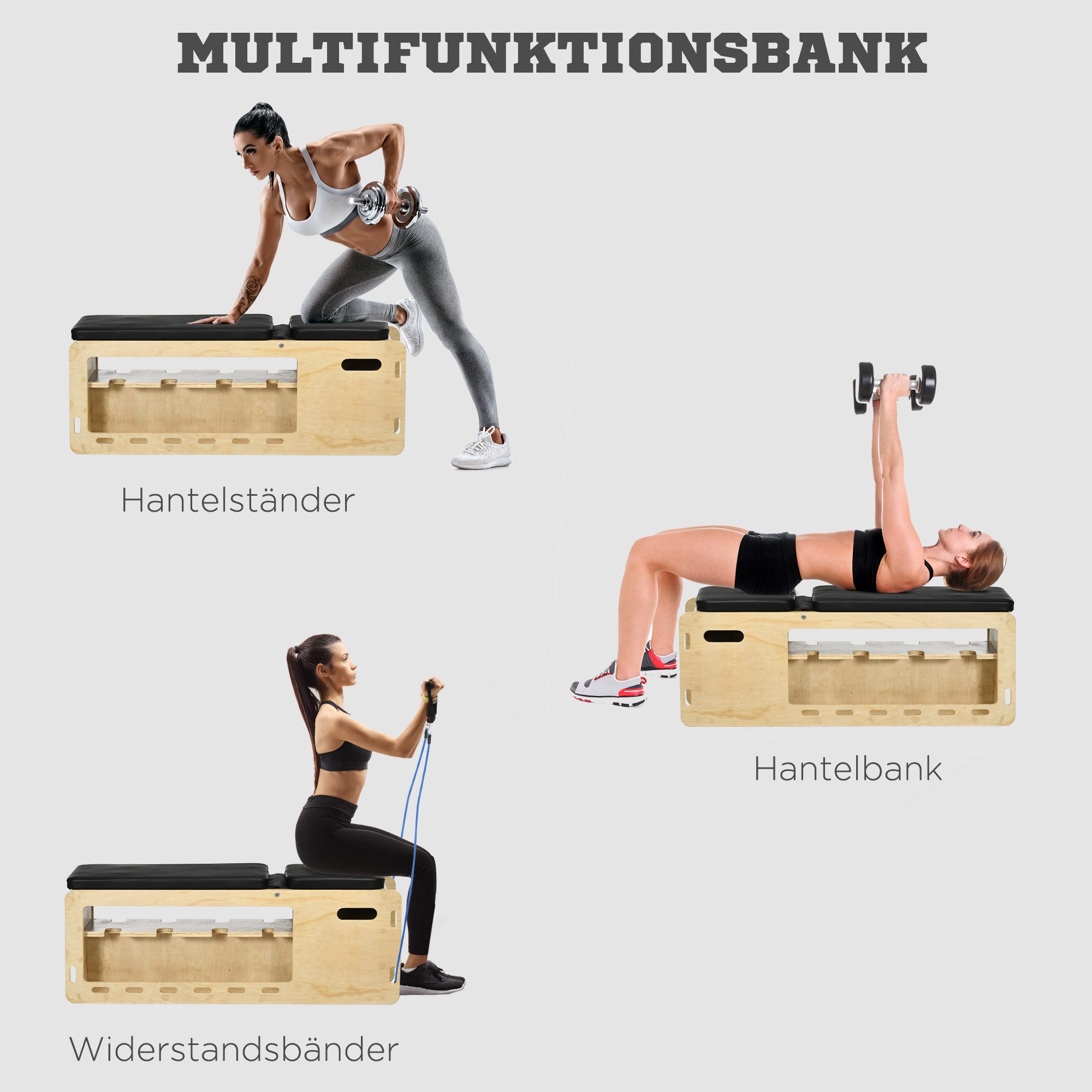 HOMCOM Hantelbank mit Aufbewahrungsbox und Widerstandsbändern, (Trainingsbank, 1-tlg., Verstellbare Fitnessbank), für Gewichtheben, Krafttraining, Massivholz