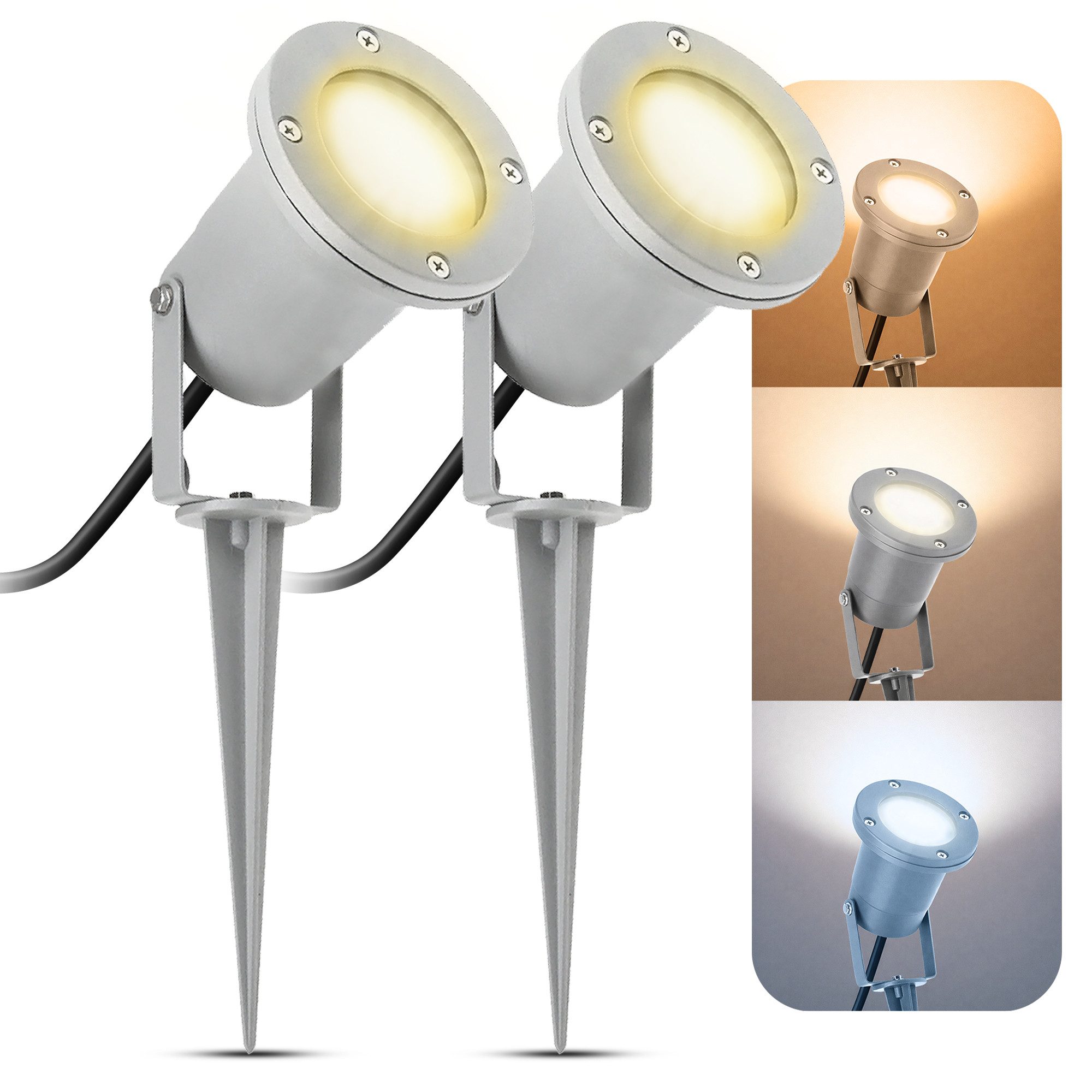 SSC-LUXon LED Gartenstrahler Gartenstrahler KARI Erdspieß Kabel grau LED GU10 5W 3 Lichtfarben, Neutralweiß, Warmweiß, Tageslichtweiß
