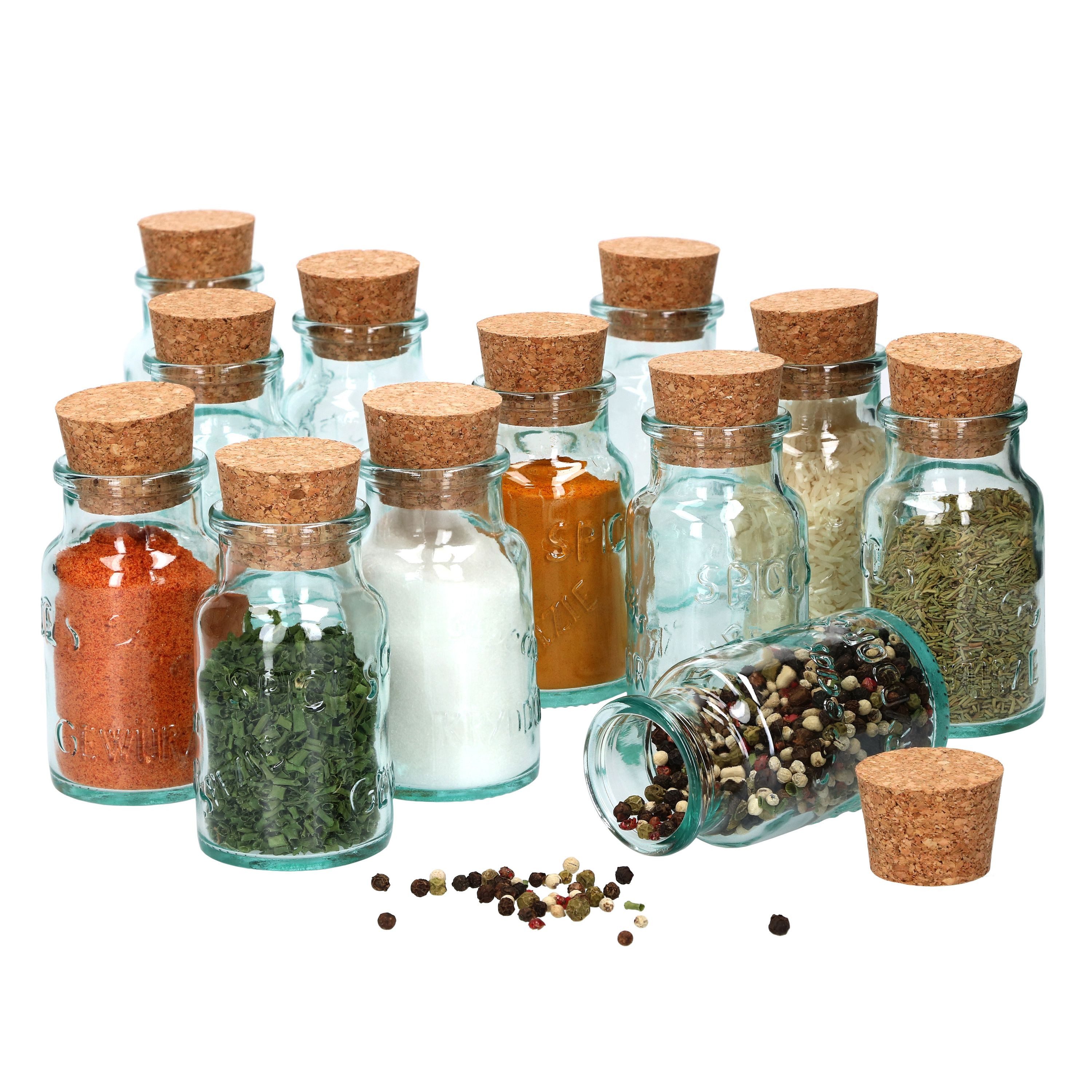MamboCat Gewürzbehälter 12er Set Gewürzgläser grün 125ml + Korken Aufbewahrung Kräutern, Glas