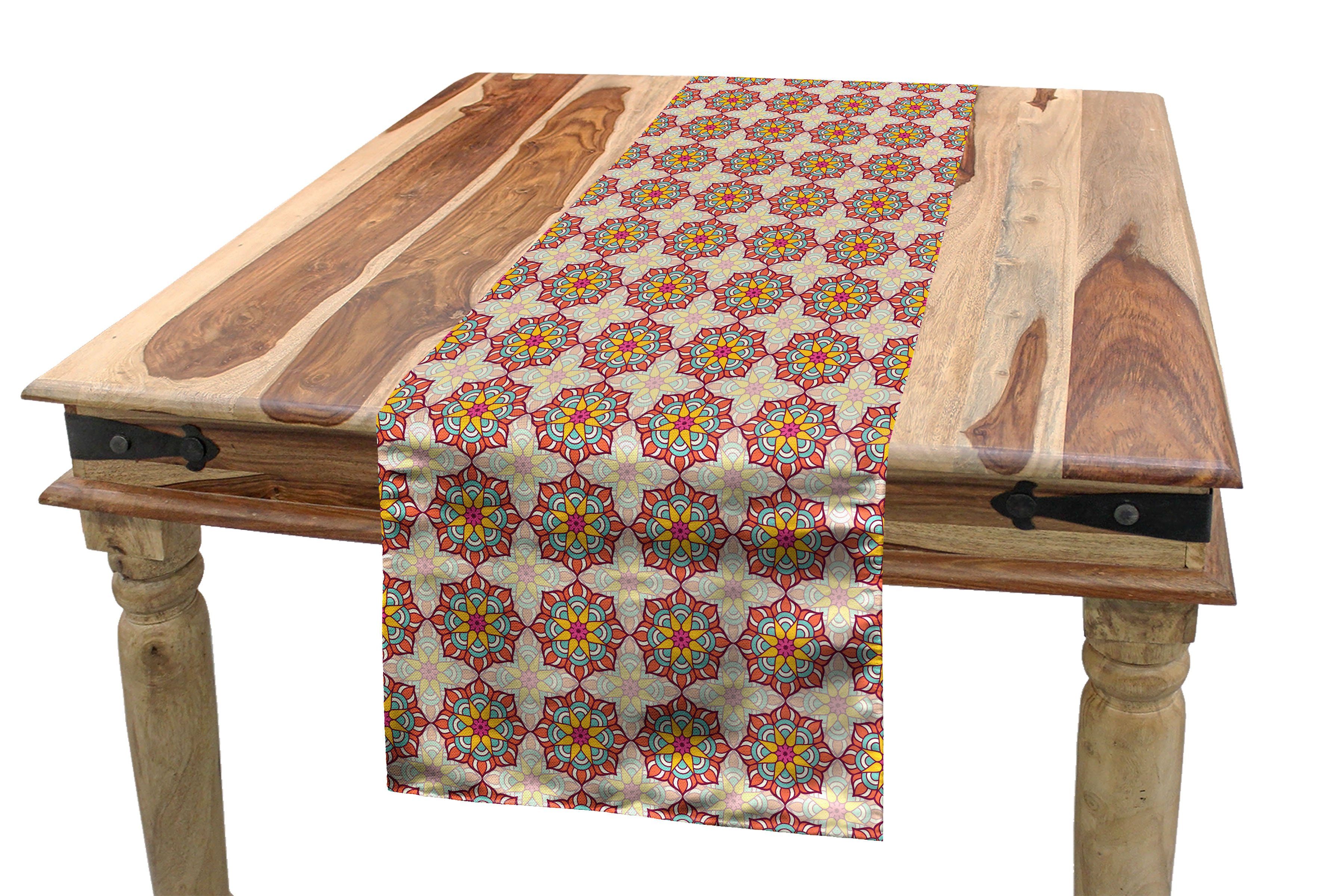 Abakuhaus Tischläufer Esszimmer Küche Rechteckiger Dekorativer Tischläufer, Ethnisch Mosaik Aufwändige Blüten