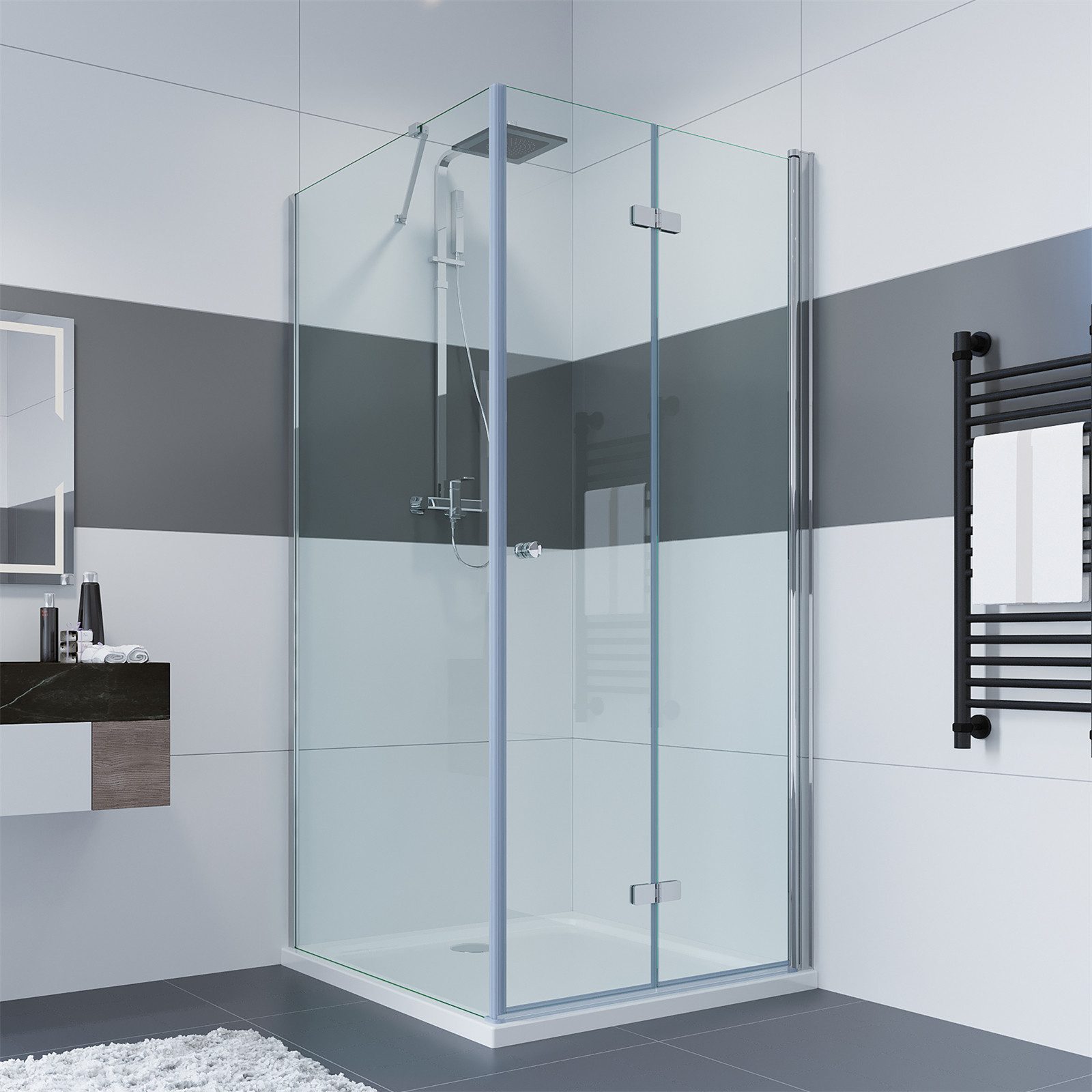 IMPTS Eckdusche Duschtür Falttür mit Seitenwand, BxT: 70x70 cm, Einscheibensicherheitsglas, Sicherheitsglas, Duschkabine Eckeinstieg falttür Duschtür, Duschabtrennung, ohne Duschwanne & Ablauf