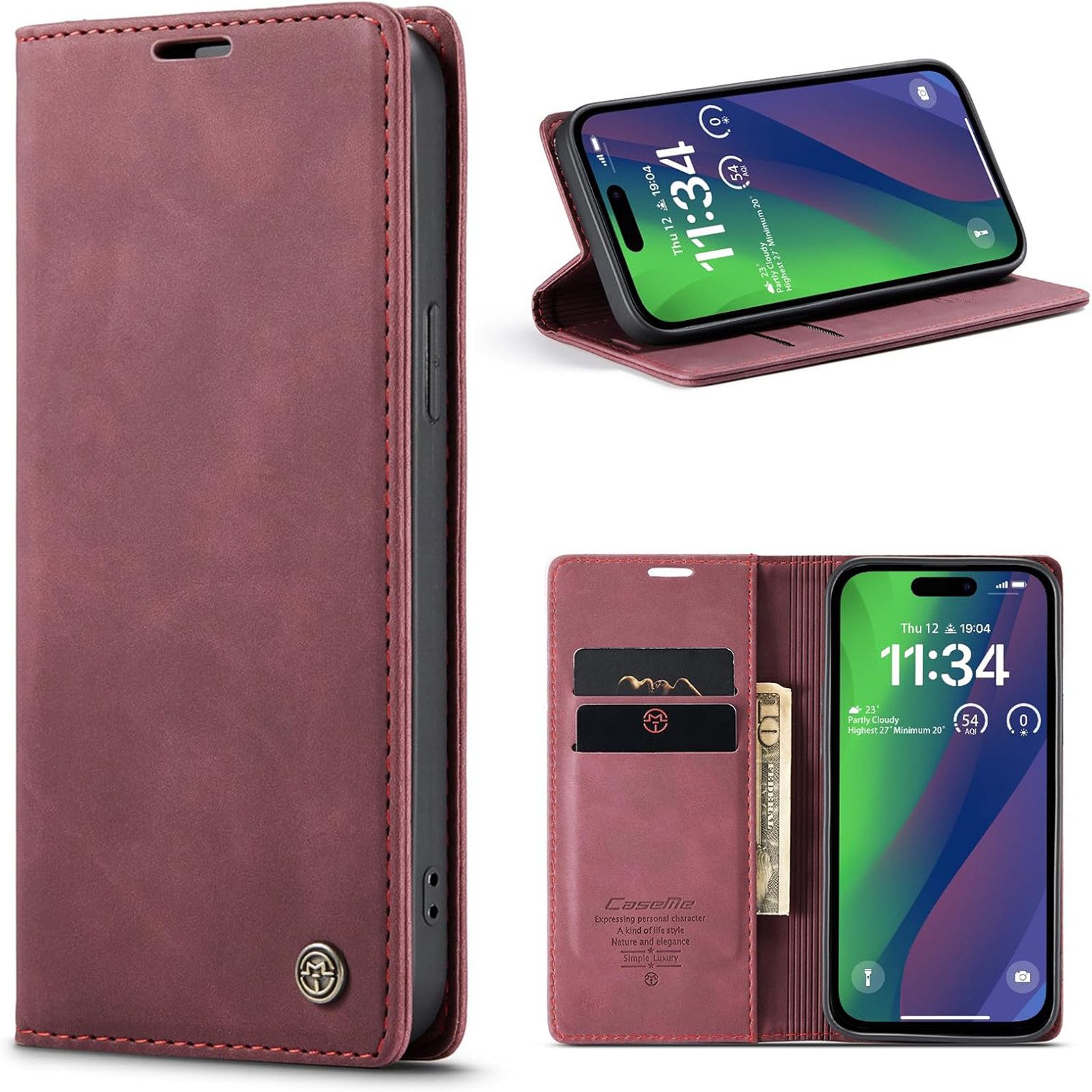 Wörleonline Handyhülle Schutzhülle für Apple iPhone 15 Hülle, mit Magnetverschluss und zwei Kartenfächern, Klapphülle, Flip Case