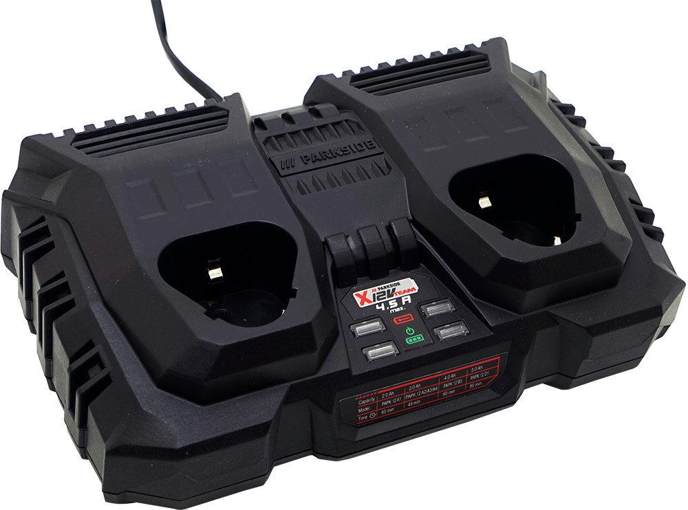Parkside 12V Doppel Ladegerät 2x4,5A PDSLG 12 (ohne Akkus) Batterie-Ladegerät (Zum zeitgleichen Laden von 2 Akkus)