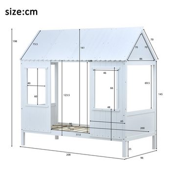 Flieks Hausbett (mit 2 Fenstern und MDF Dach), Kinderbett Einzelbett Massiv Kiefer Holzbett weiß 200x90cm