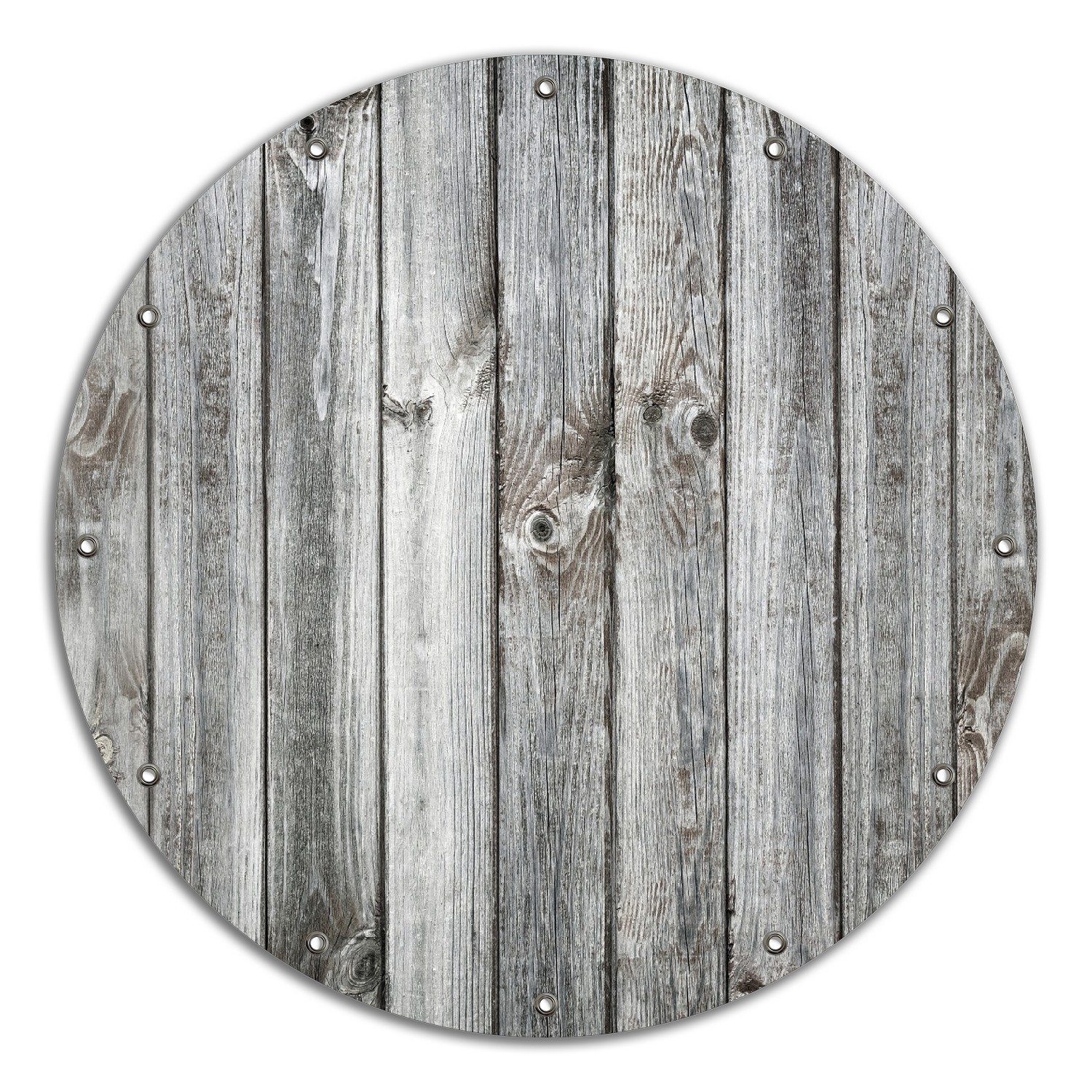 Wallario Sichtschutzzaunmatten Holz-Optik Textur hellgraues Holz Paneele Dielen mit Asteinschlüssen, rund