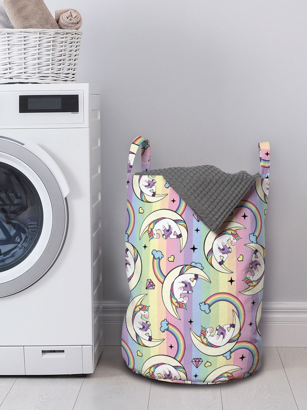 Abakuhaus Wäschesäckchen Griffen Kordelzugverschluss Unicorn Wäschekorb für Waschsalons, Bookworm Regenbogen Multicolor mit