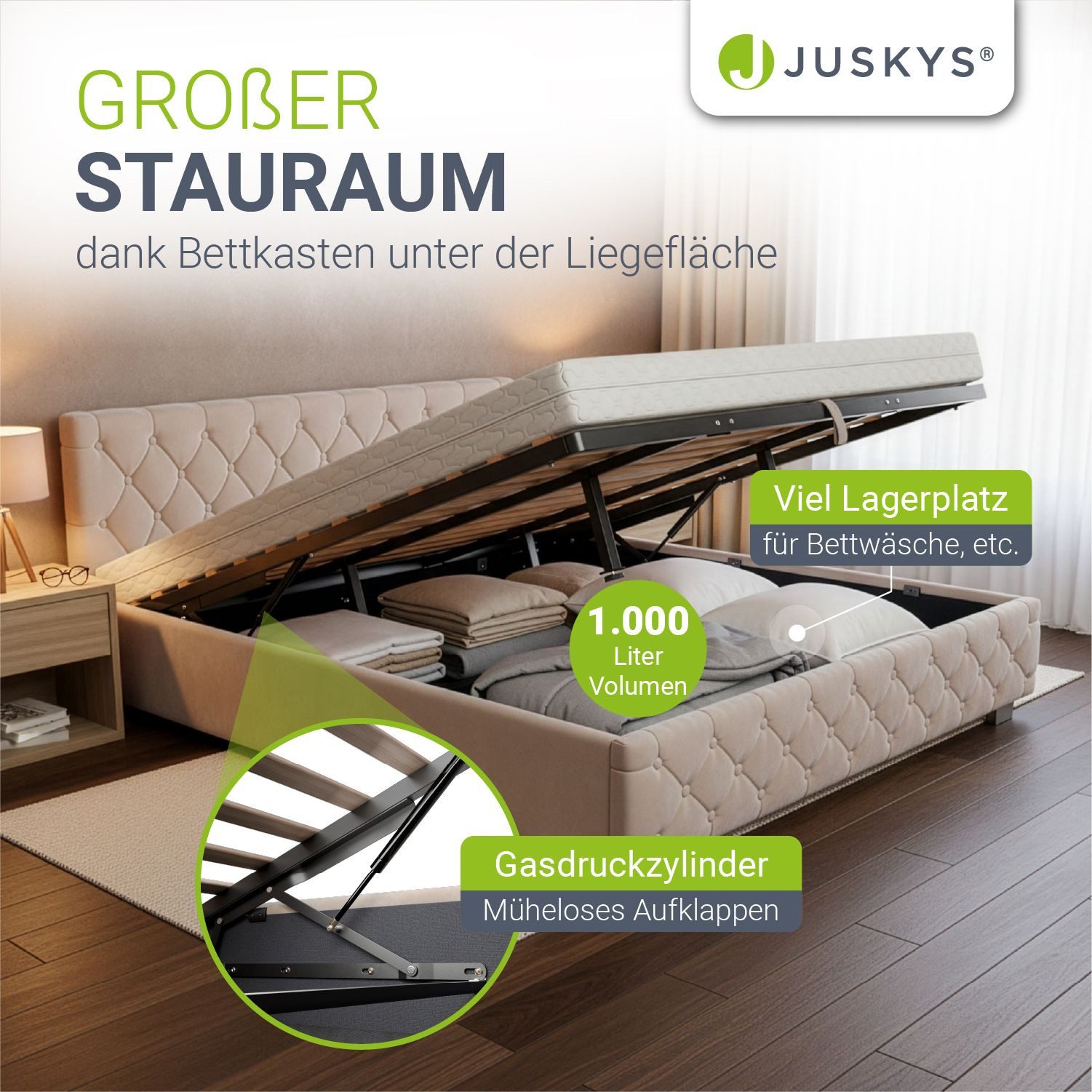 Juskys Polsterbett Nizza, 180x200 cm, LED Licht, Stauraum, Samtbezug, inkl. Matratze