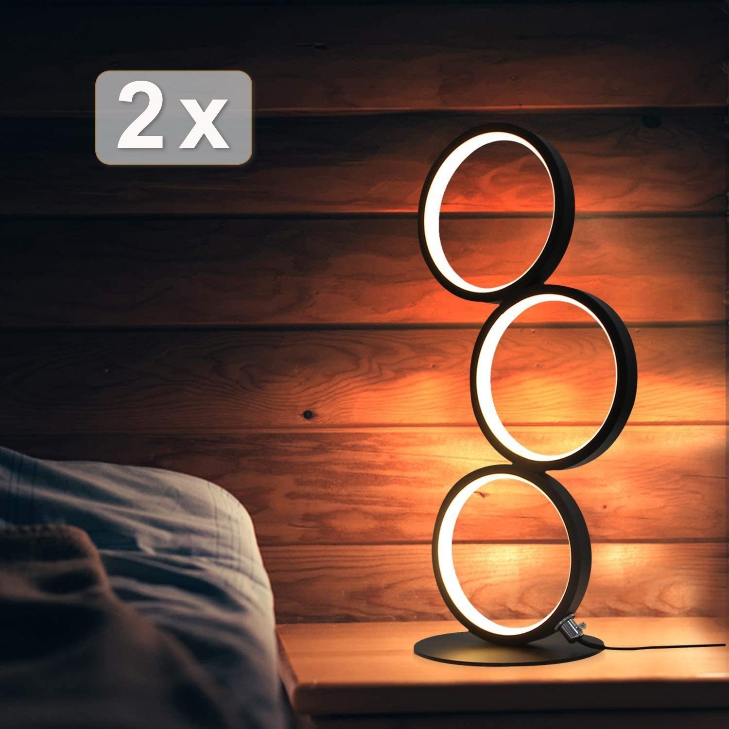ZMH LED Nachttischlampe Schwarz Schreibtischlampe Ring Deko Schlafzimmer, Dimmfunktion, LED fest integriert, warmweiß-kaltweiß, 2 Set 2x Schwarz