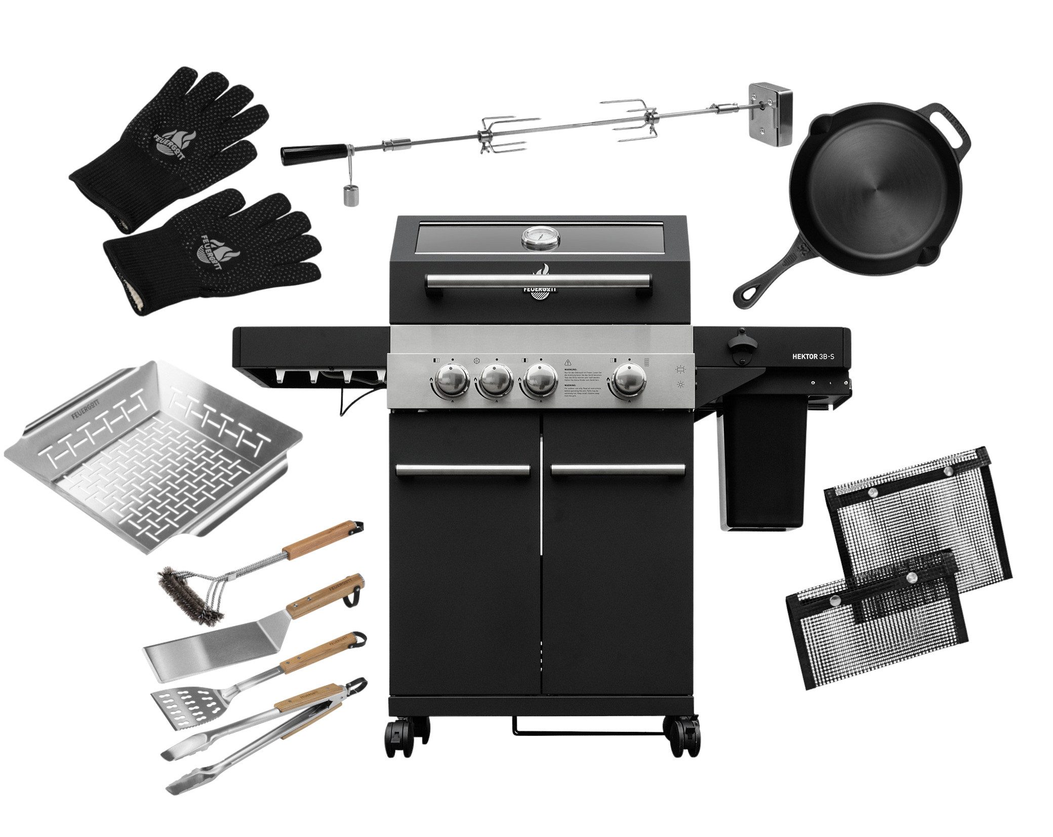 Feuergott Gasgrill FEUERGOTT Gas-Grillstation Hektor 3B-S mit Cover, Drehspieß, Zubehör