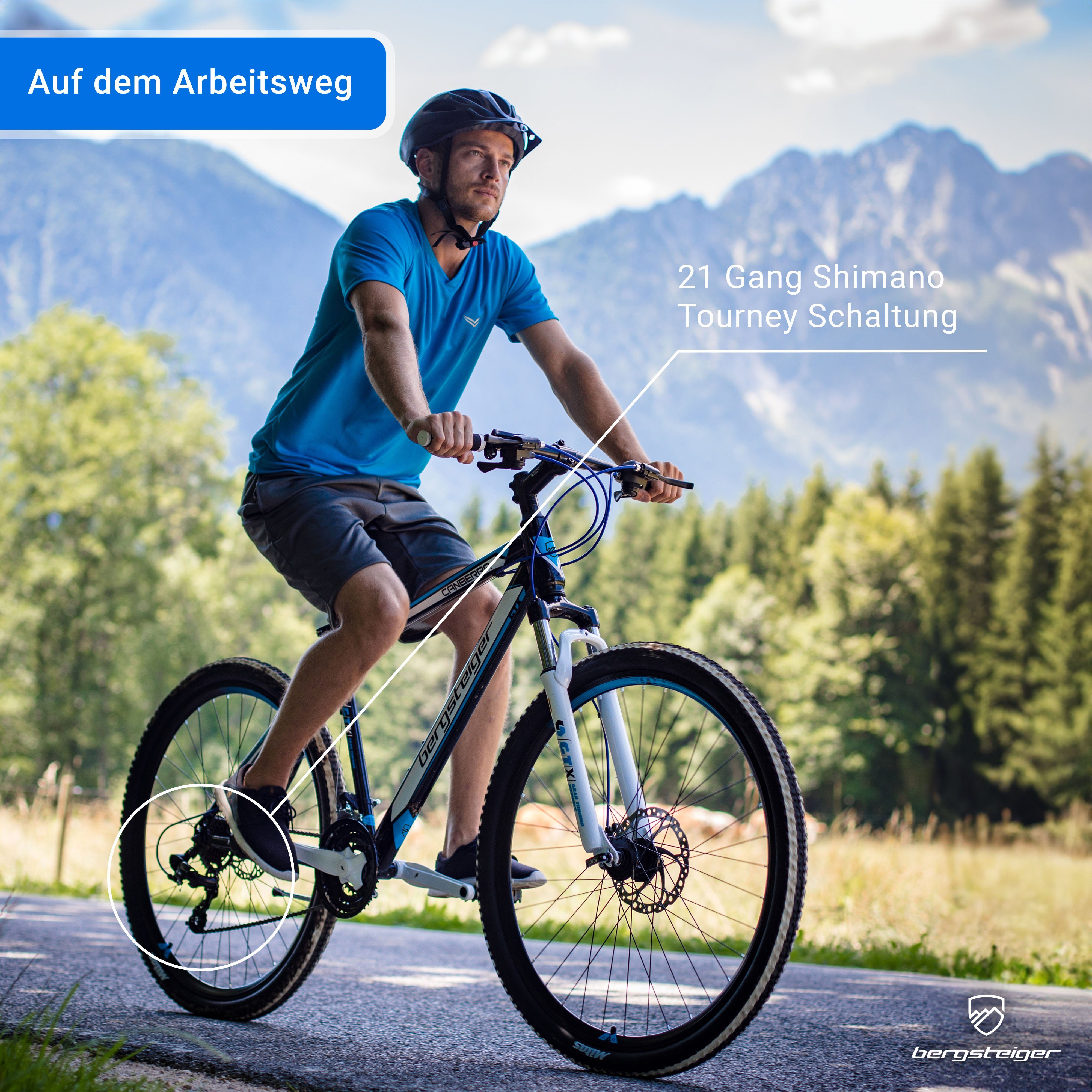 bergsteiger Mountainbike Canberra 26, 29 Zoll Mountainbike, geeignet ab 160 cm, Damen, Herren, 21 Gang Shimano Tourney RD-TY300 Schaltwerk, Kettenschaltung, Scheibenbremsen