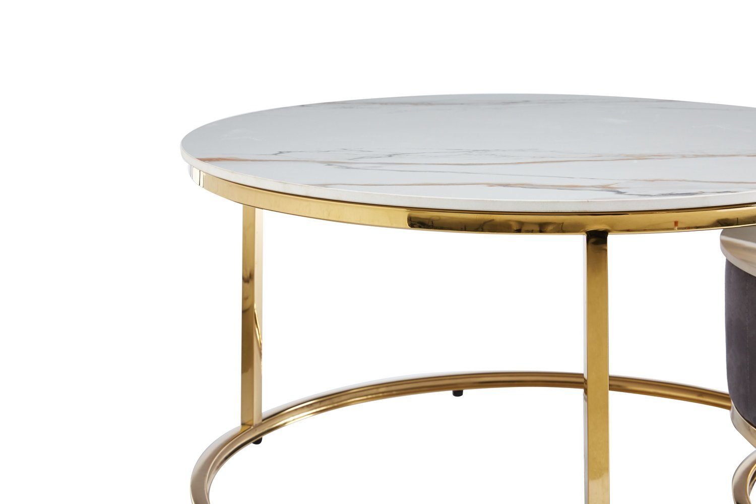 Set mit Gold 2er Tischplatte und (mit Kunstmarmor), Möbel Weiß Runde aus der Runder Extra Kaffeetische Schublade Gestell geschachtelter Beistelltisch Couchtisch in König Marmoroptik,