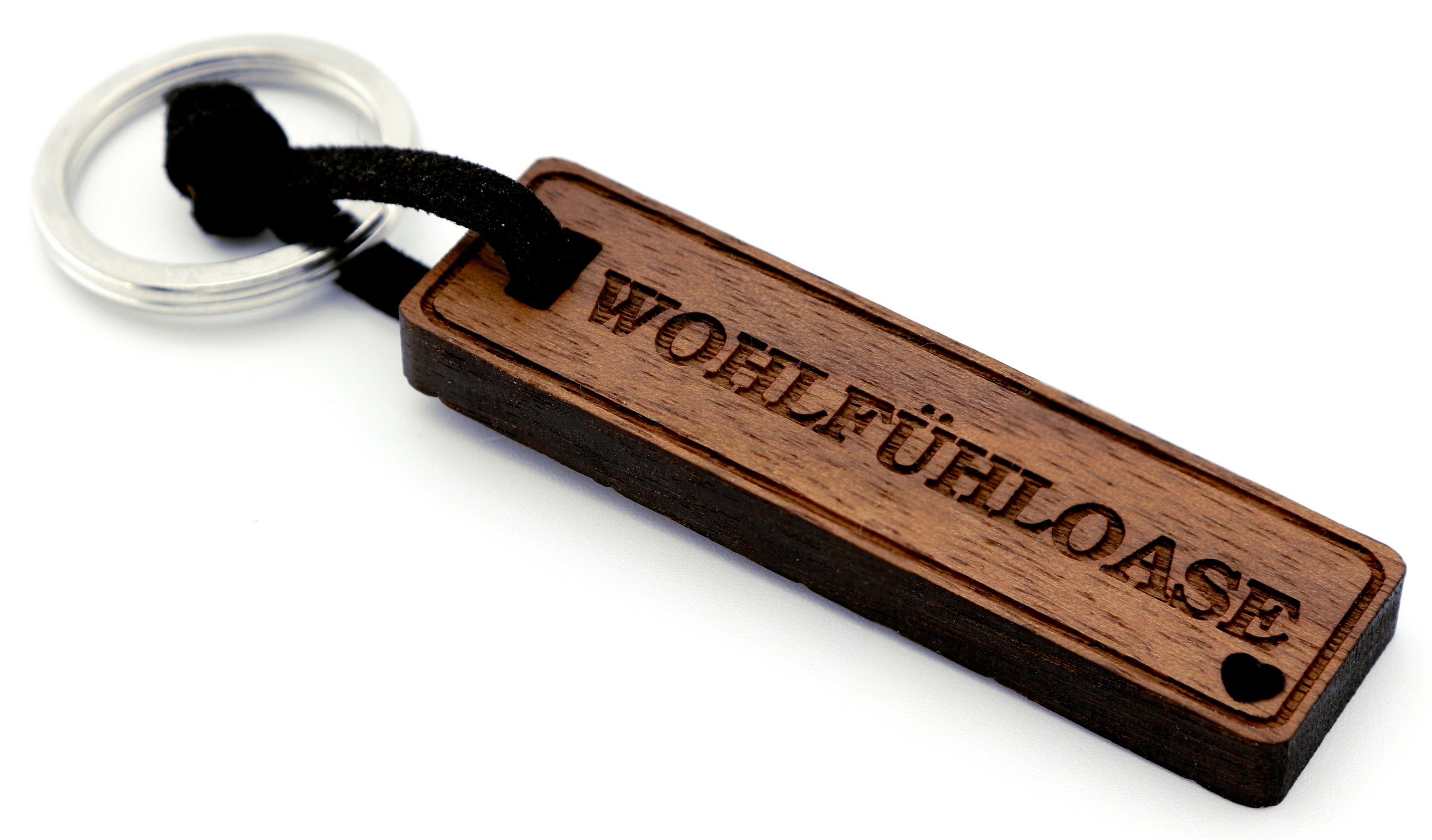 NaturSchatulle Schlüsselanhänger mit Gravur Motive aus Holz (mit Edelstahl Schlüsselring, 6 x 1,7cm), Herzensmensch, Wohlfühloase, Heimathafen