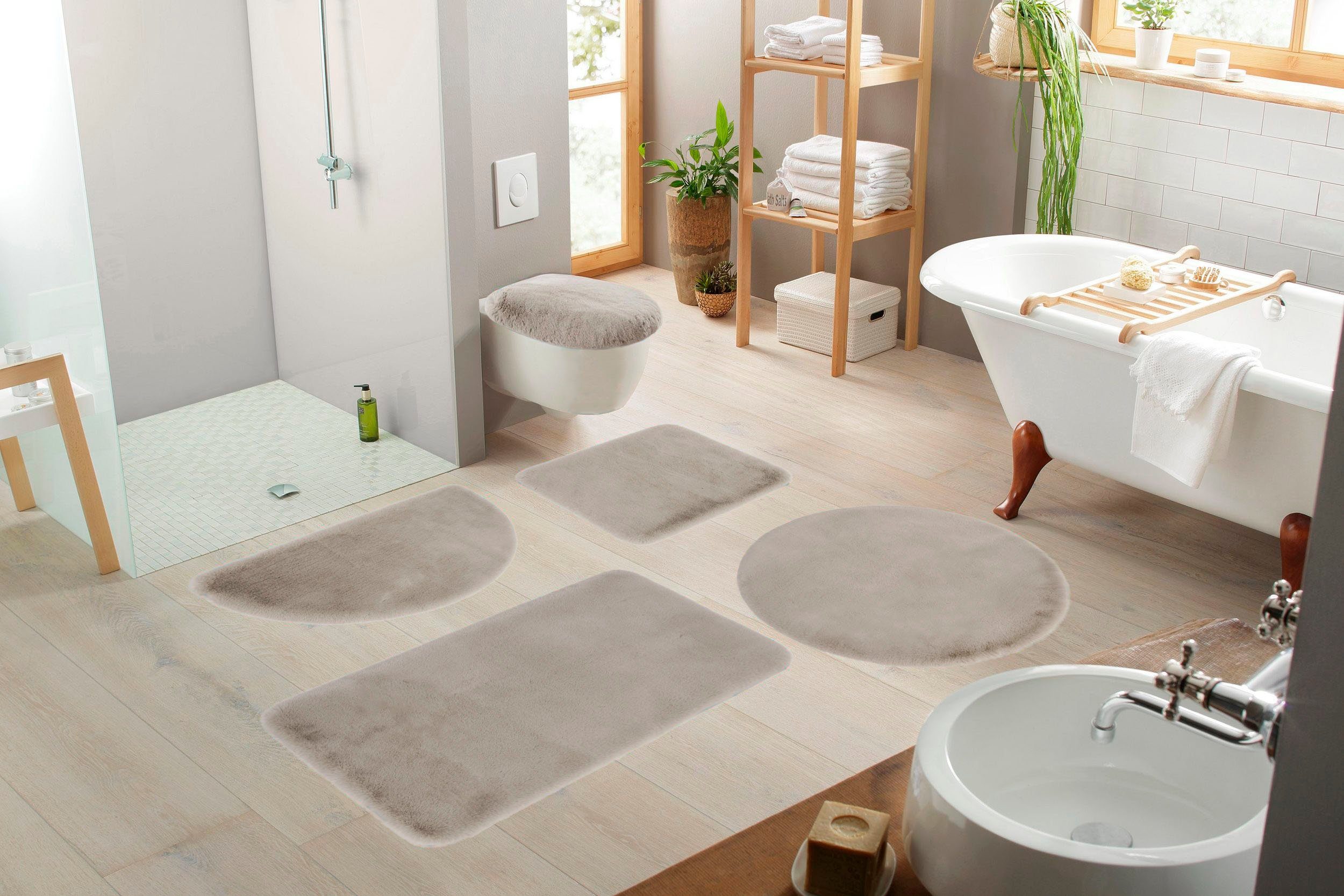 OTTO home Badematte Rabbit Badematten, Badvorleger, Badezimmer Teppich, Höhe 30 mm, rutschhemmend beschichtet, schnell trocknend, strapazierfähig, fußbodenheizungsgeeignet, Polyester, rechteckig, 3-tlg. Stand-WC Set, Kaninchenfell-Haptik, Badteppich, rechteckig, rund & als 3-tlg. Set