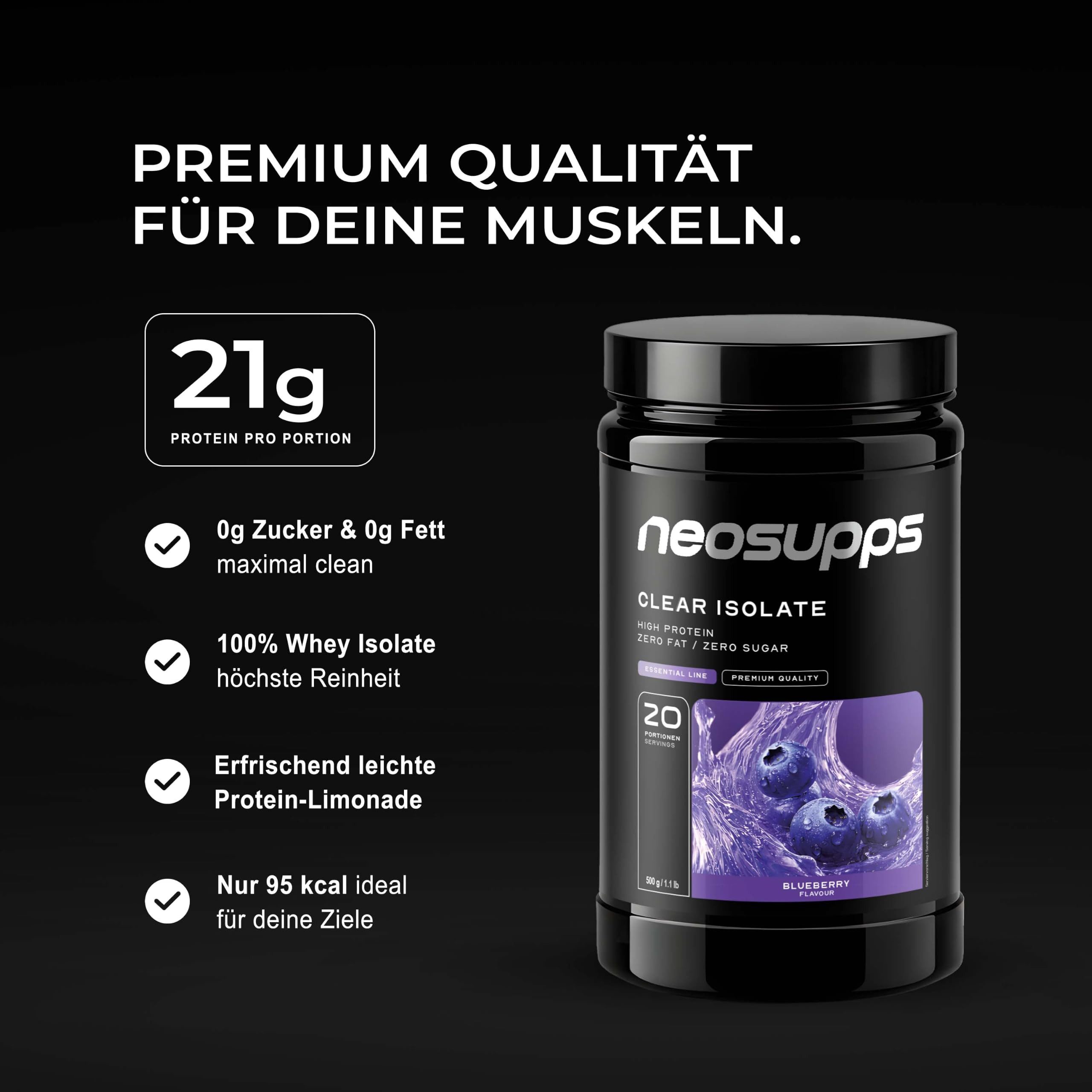 Neosupps Clear Whey Isolat Protein Pulver 500g, Blueberry Geschmack Pulver, 500 g, Made in Germany, Hochwertiger Molkenprotein Isolat