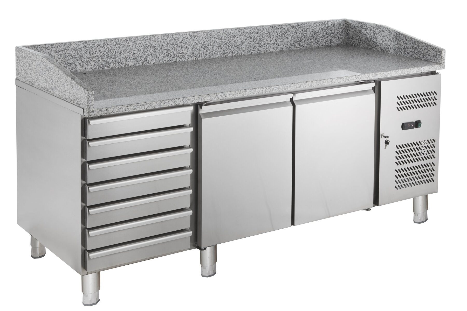 GastroHero Dönergrill Pizzatisch ECO 2-7 Granitplatte Kühltisch 2 Türen 7 Schubladen, 235 W