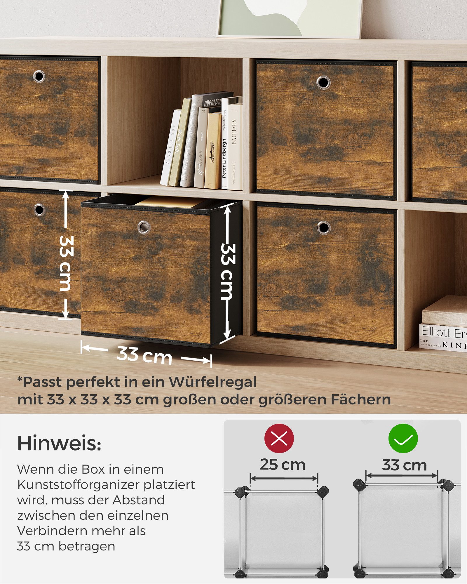 SONGMICS Aufbewahrungsbox Ordnungsboxen, für Würfelregal, Organizer, vintagebraun-schwarz (6 St), Vliesstoff, Faltbox, 33 x 33 x 33 cm, Stoffbox, für Kleidung