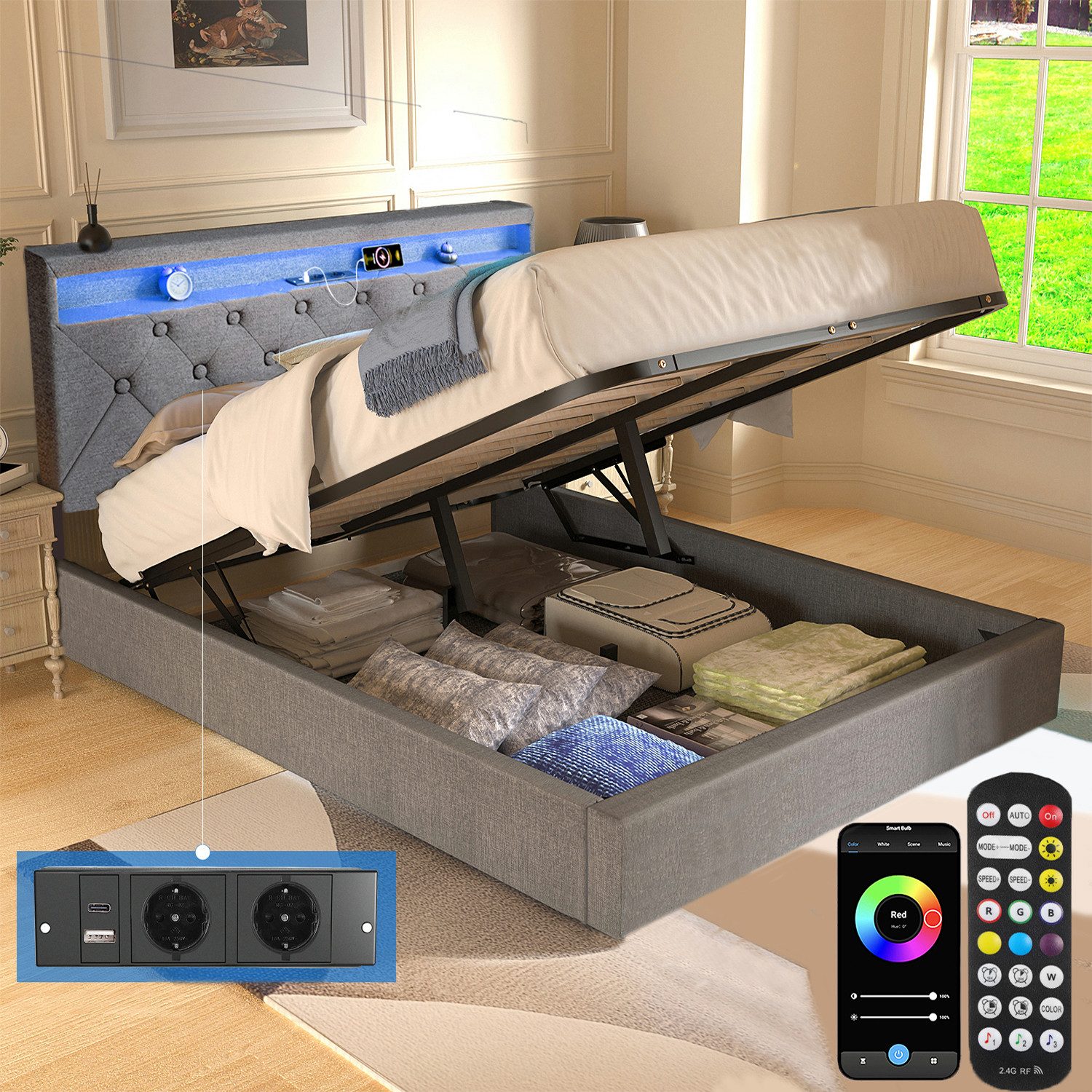 oyajia Polsterbett Doppelbett mit LED Licht 140x200cm,Hydraulisch anhebbare günstig online kaufen