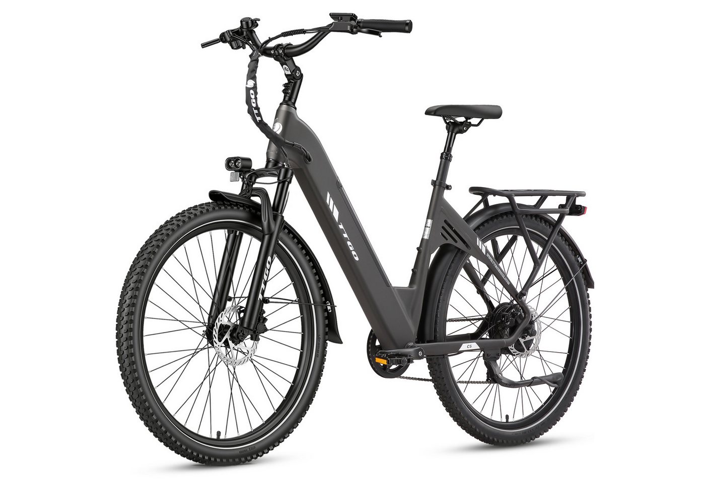 TTGO E-Bike Cityrad 28x2,4 Zoll, 110km, ZOOM Federsattelstütze, 70 Nm Hinterradmotor, C5, 7 Gang Shimano, Kettenschaltung, Heckmotor, 648 Wh, Tiefeinstieg, Pedelec, Elektrofahrrad, für Damen Herren, Hydr. Bremse