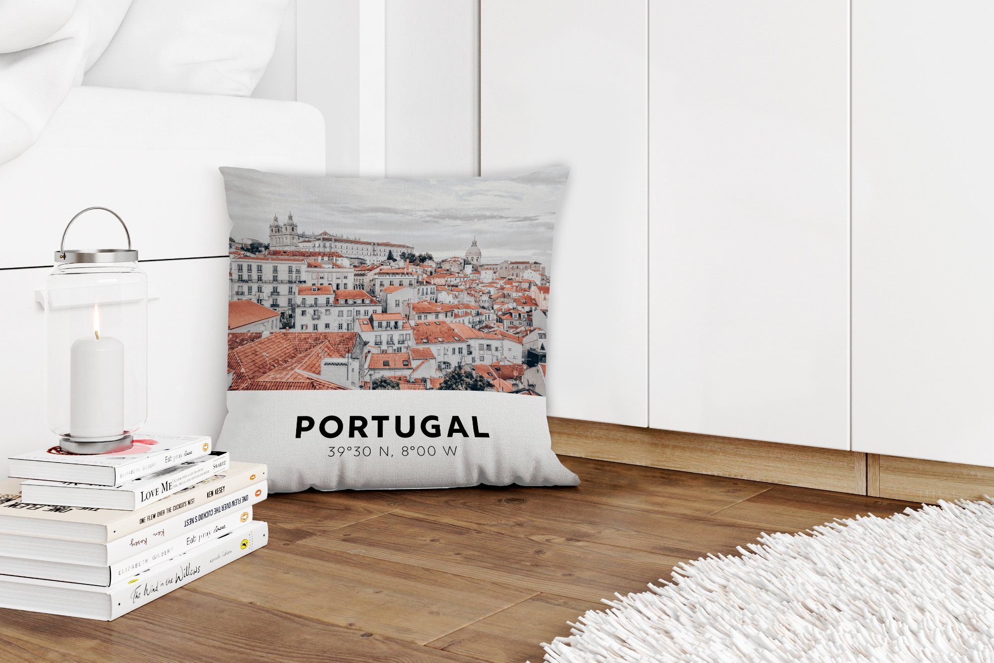 - - Deko, mit für Wohzimmer, Schlafzimmer, Sofakissen Zierkissen Häuser, Dekokissen Portugal Lissabon Füllung MuchoWow