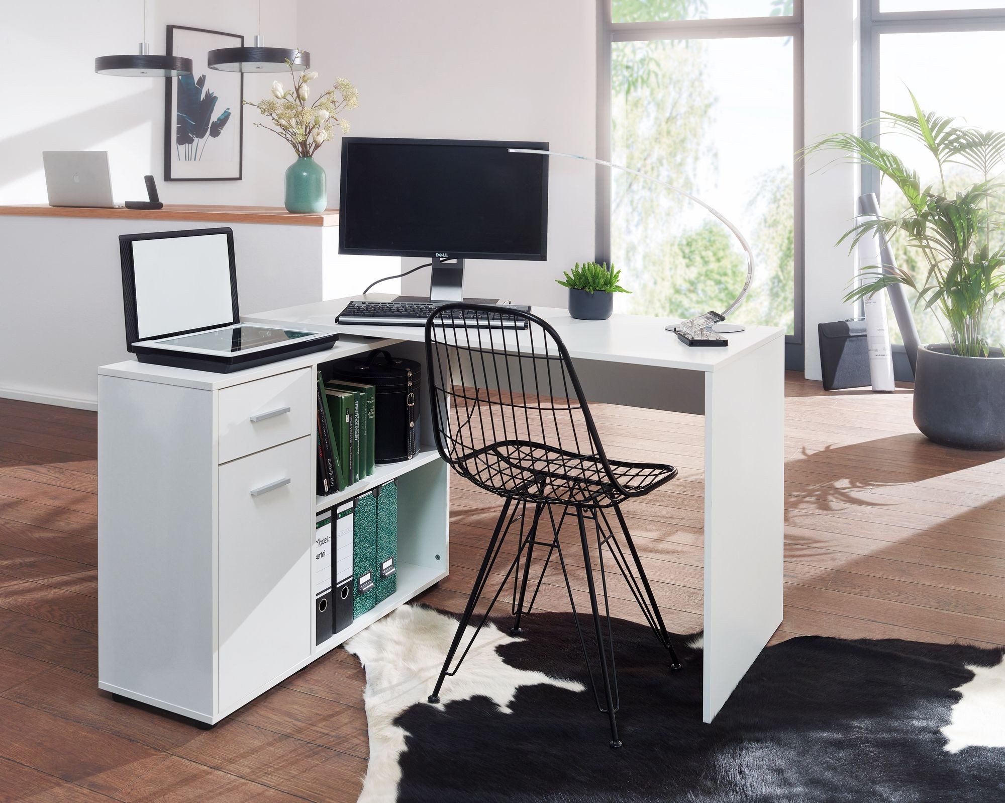 Wohnling Schreibtisch WL5.305 Regal Eck Weiß Bürotisch 120 cm Home Office (Eckschreibtisch 120 x 75,5 x 106,5 cm Weiß), HomeOffice Bürotisch Schreibtischkombination