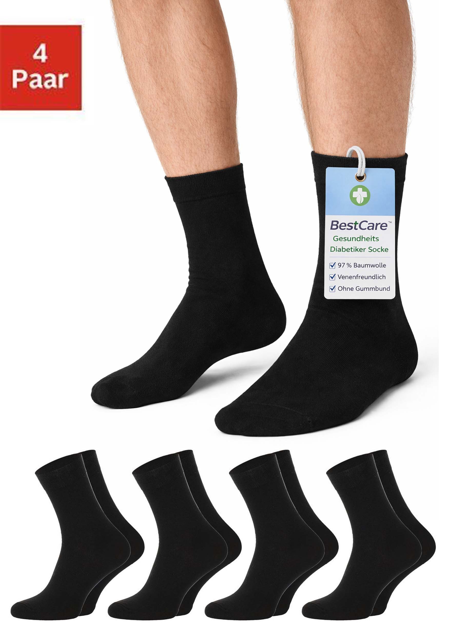 Chili Lifestyle Diabetikersocken Bestcare Gesundheitssocken Herren Damen kurze schwarze Baumwollsocken (Multipack, 4-Paar, ein Design) Venensocke aus weicher Weichbund ohne Gummidruck