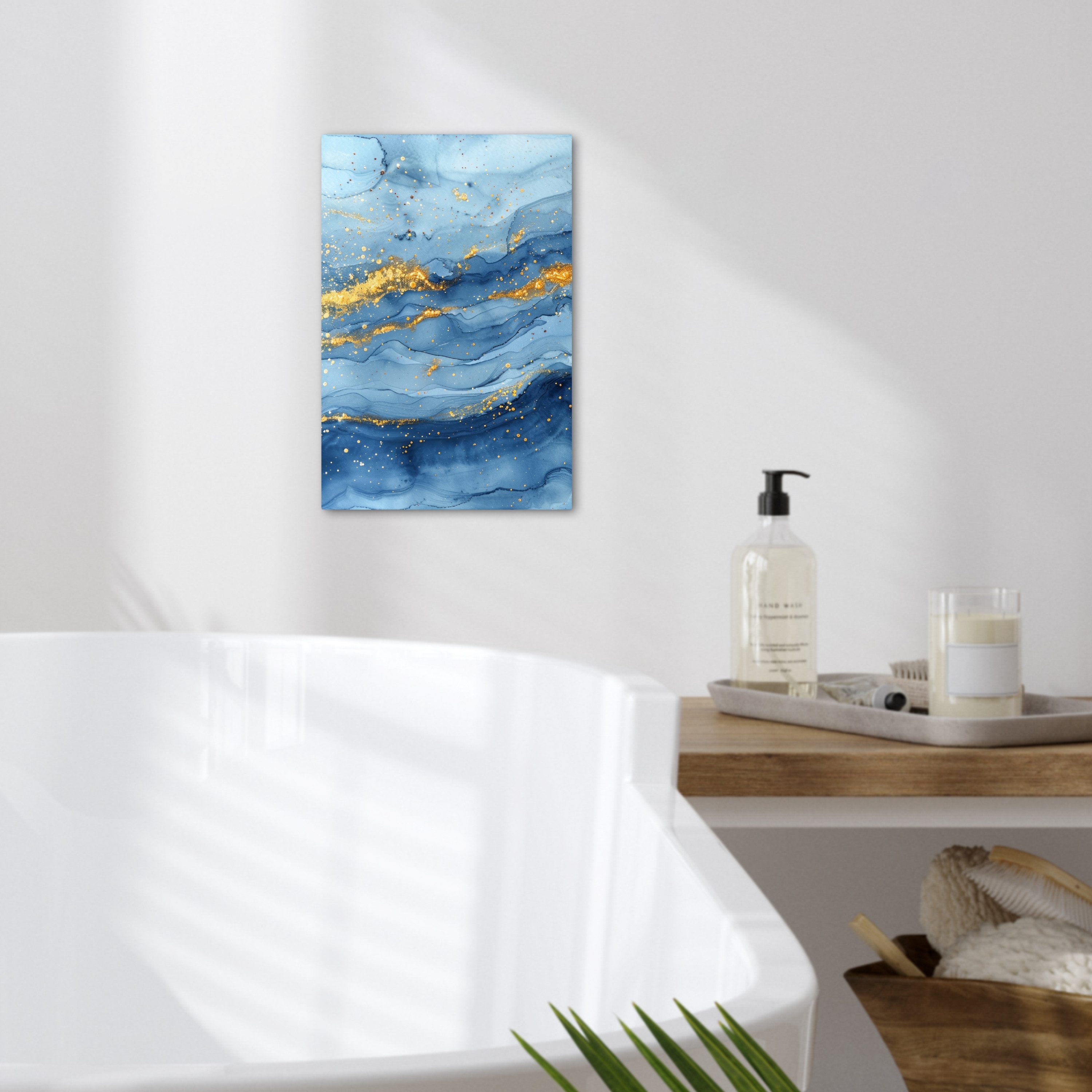 OneMillionCanvasses® Leinwandbild Aquarell - Blau - Kunst - Gold - Luxus - Modern, Fotodruck (1 St), Badezimmer Deko, Bilder WC, Toilette Wanddeko 20x30 cm