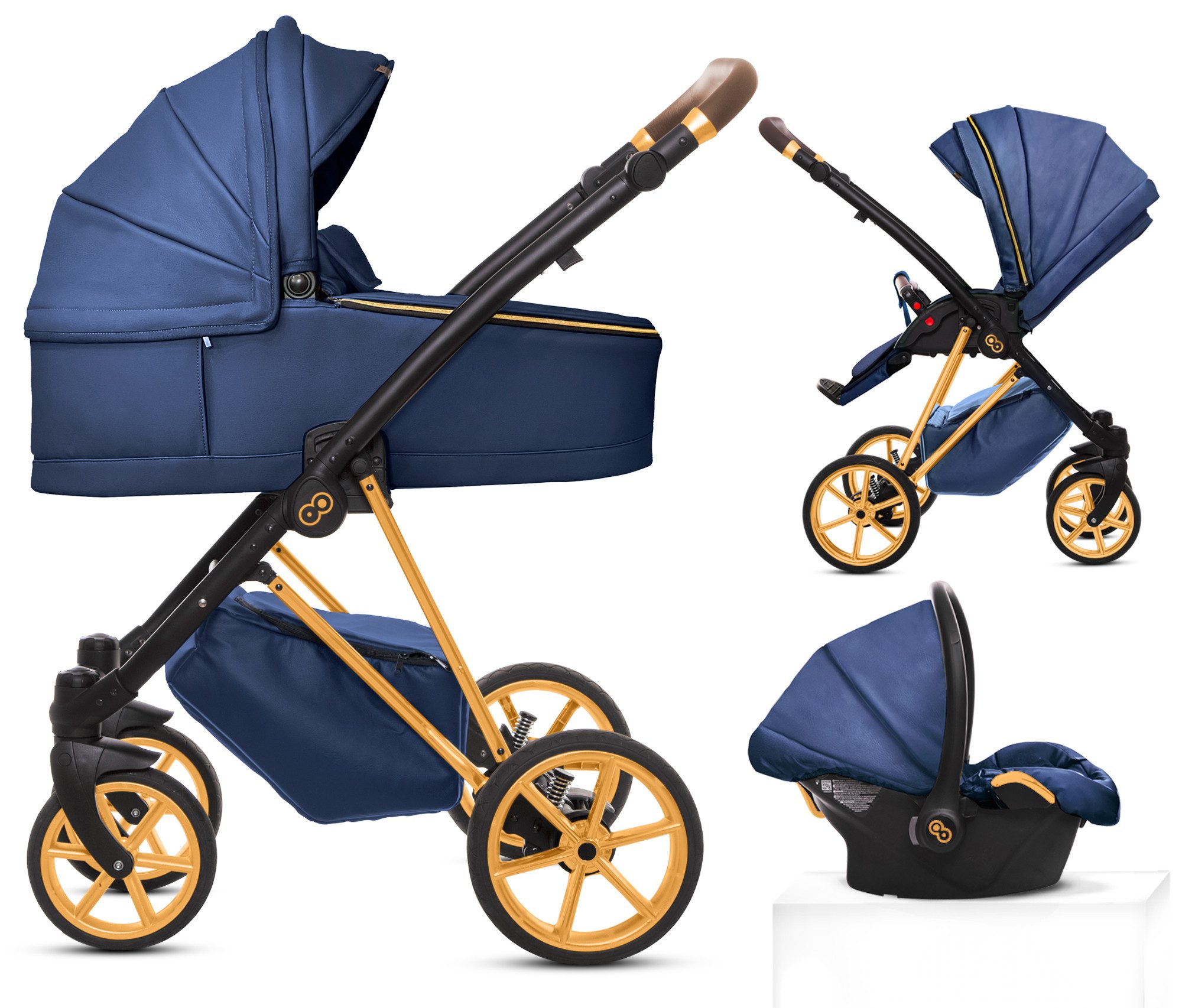 TPFFamily Kombi-Kinderwagen 3in1 Musse Royal, Baby Buggy Babywanne 5-Punkt-Sicherheitsgurt, Zubehör-Set Kinderwagen 3 in 1 Kunstleder Blau, Gestell Gold