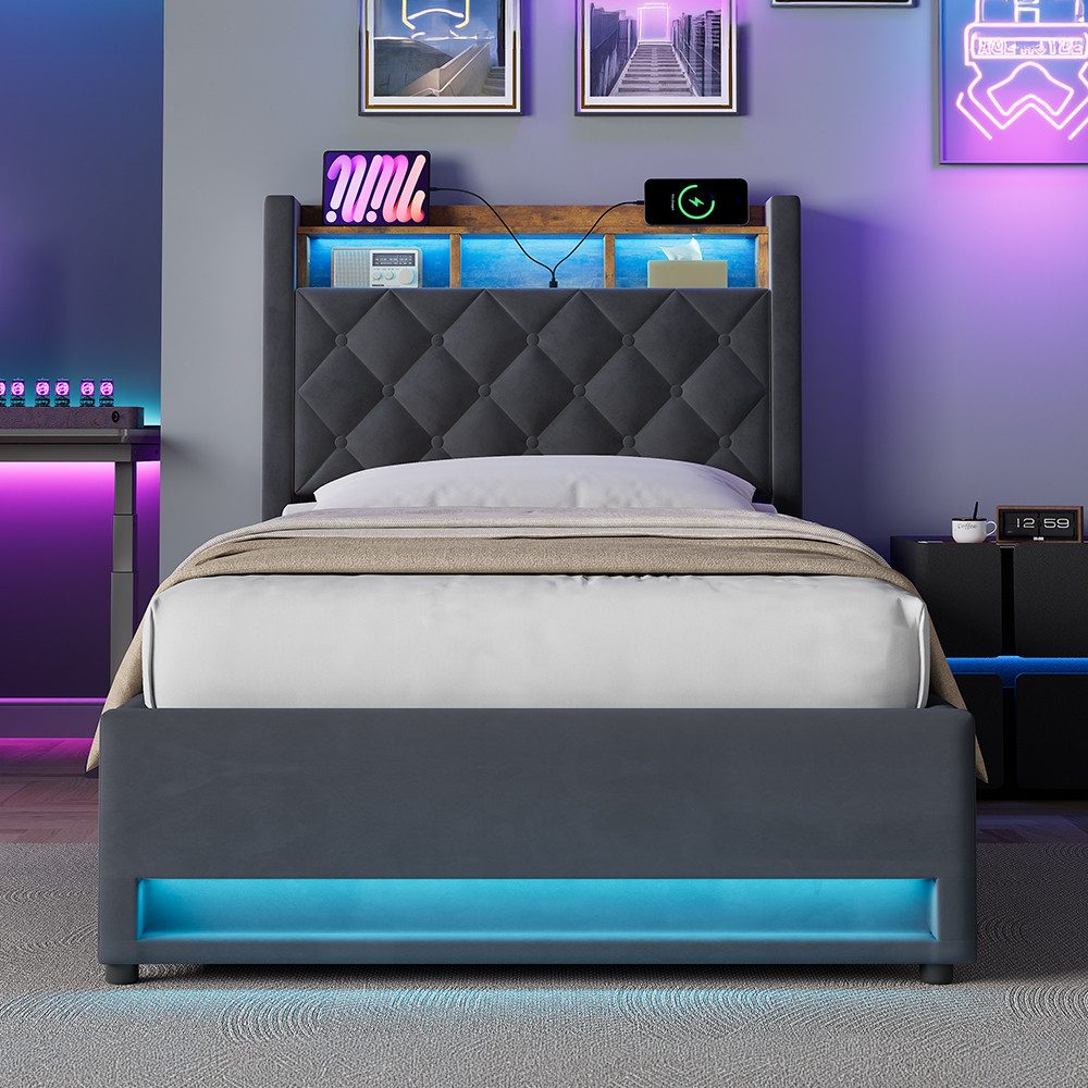 STILVORA Polsterbett mit bettkasten,Stauraumbett Boxspringbett 90×200 mit USB & LED-Licht (Funktionbett mit Hydraulikstange,Tragfähigkeit: 200kg, Strapazierfähig und schmutzabweisend,verschiedenen Farben,Metallrahmen), Bettgestell mit Lattenrost,Bequemer Samtstoff,ohne matratze
