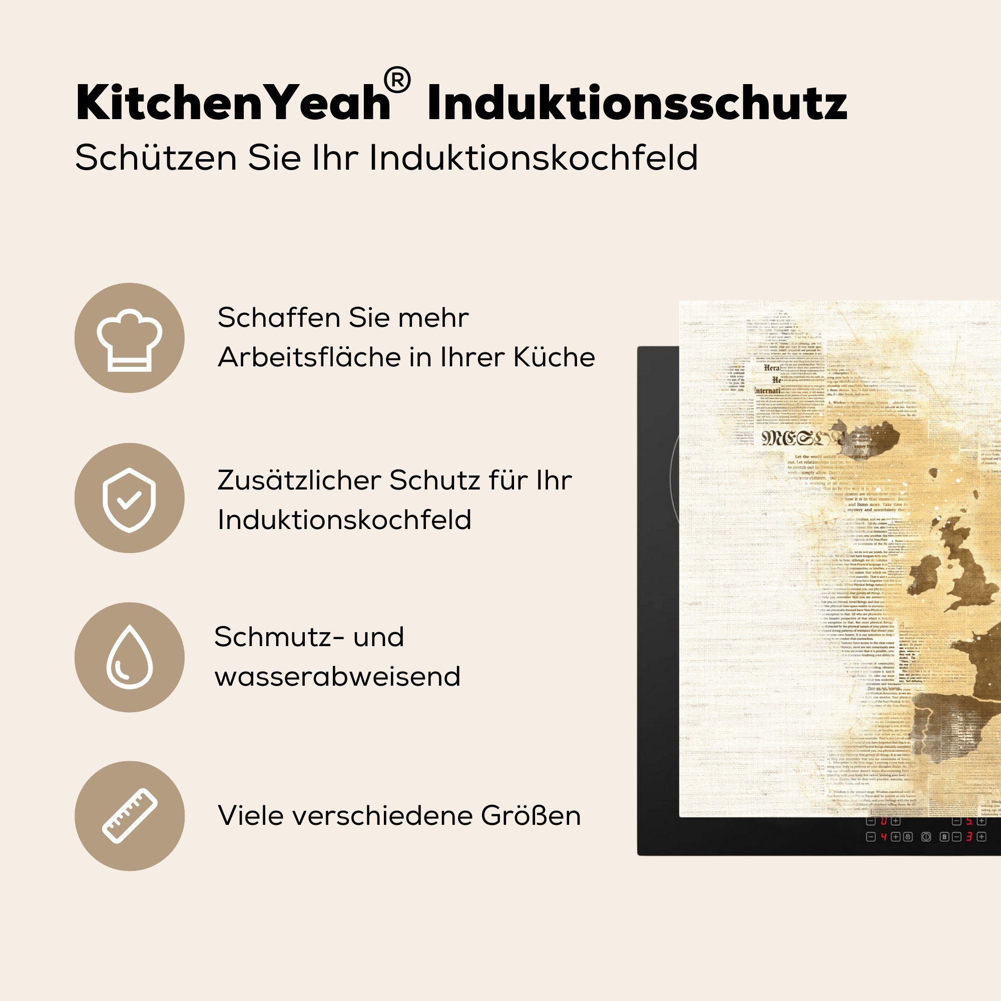 MuchoWow Herdblende-/Abdeckplatte Karte von tlg), Vinyl, für Europa Ceranfeldabdeckung Induktionskochfeld - Schutz die Braun (1 Zeitung, - cm, 81x52 küche
