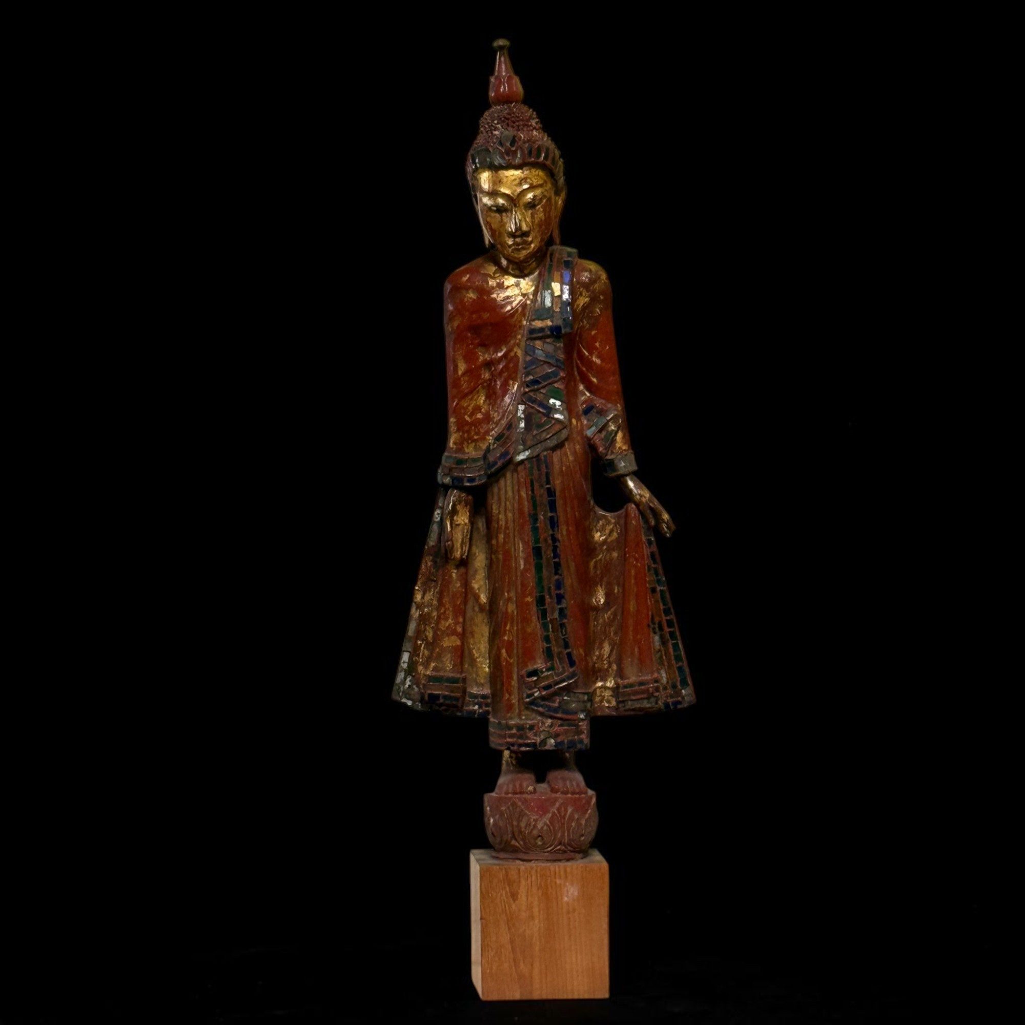 Asien LifeStyle Buddhafigur Stehender Buddha Holz Burma 114 cm Rotlack Restvergoldung Glasmosaik