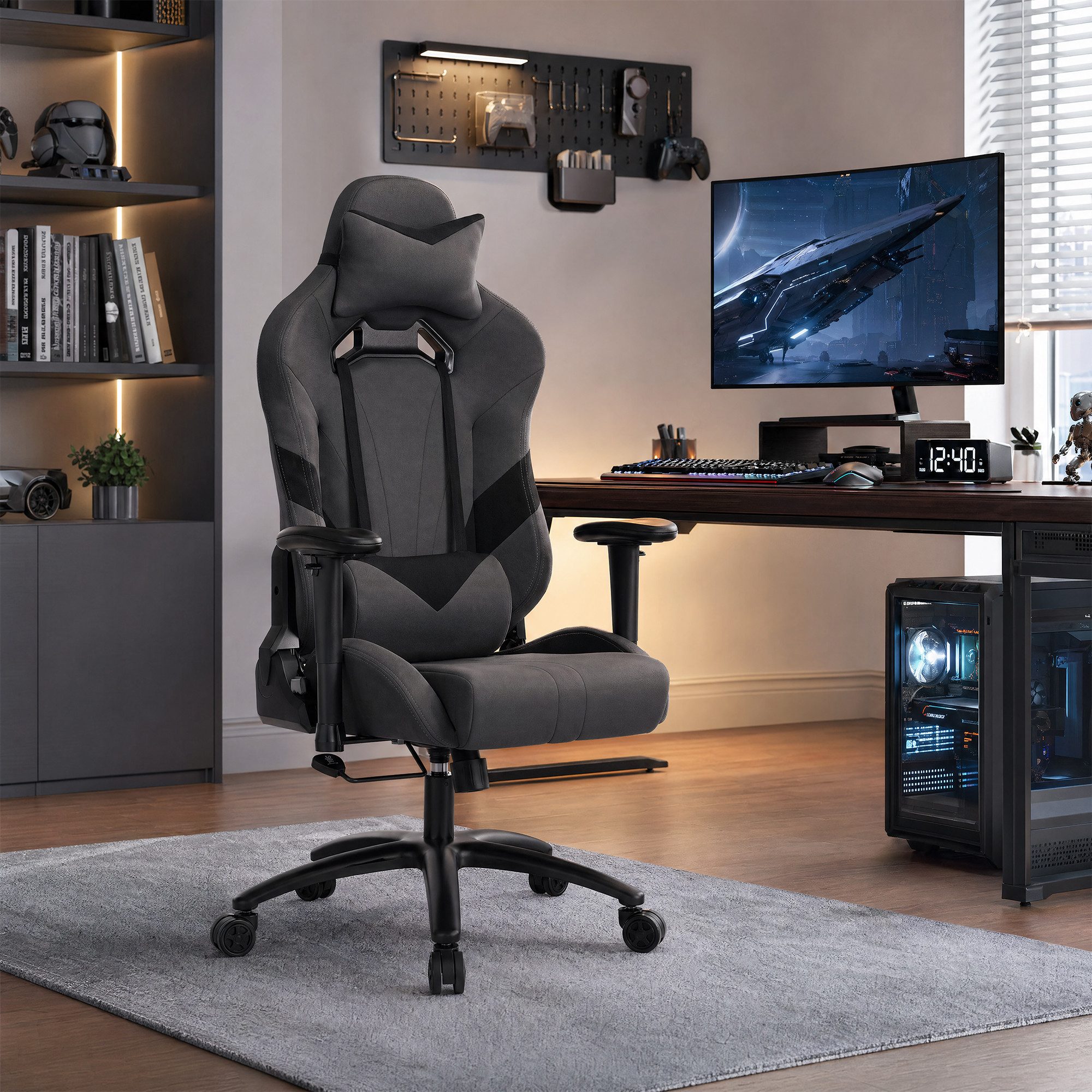 SONGMICS Drehstuhl Gaming Stuhl, ergonomisch, verstellbare Armlehnen, Kopfkissen, Lendenkissen, 66 x 72 x (129-139) cm, grau-schwarz