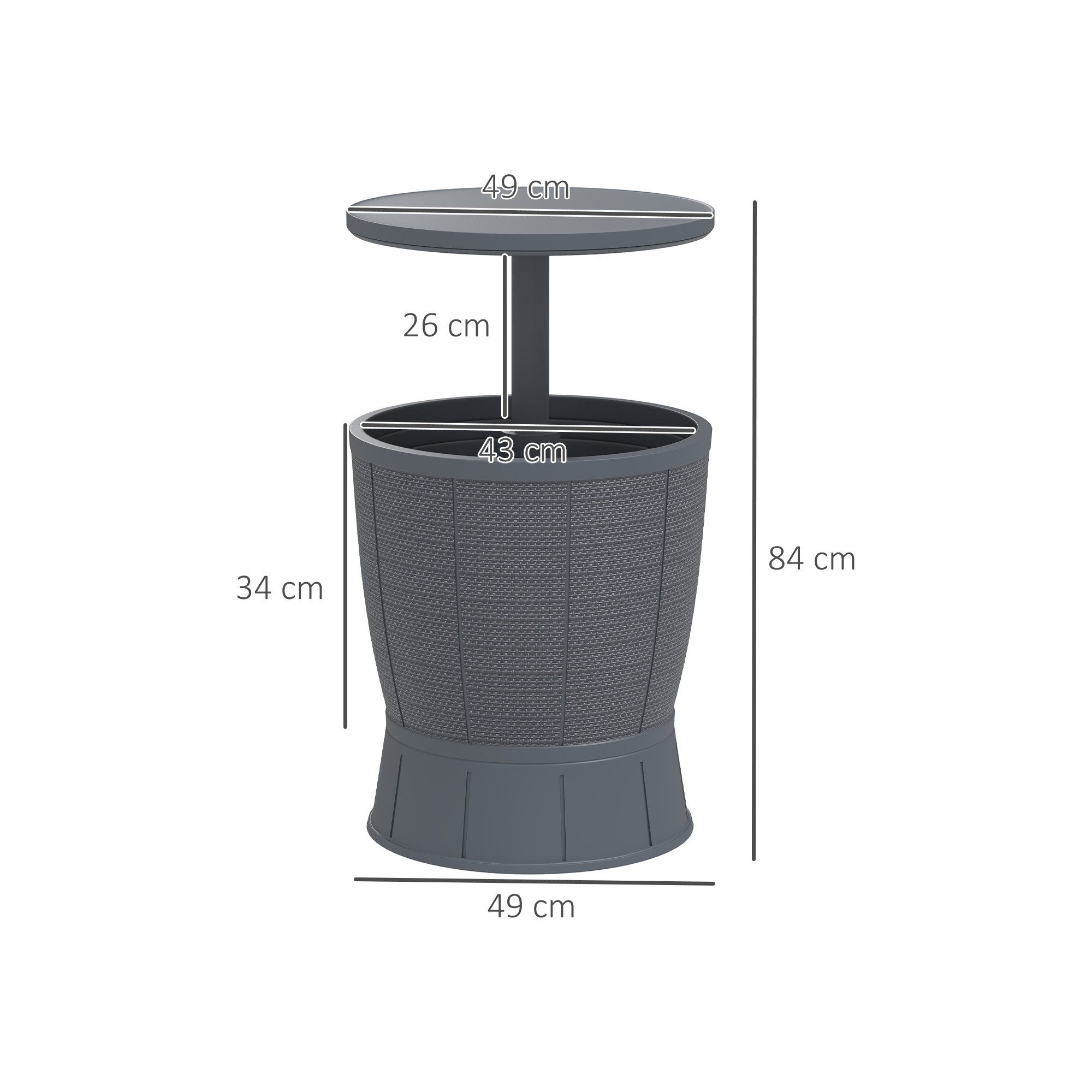 Outsunny Gartentisch mit 41 L Stauraum, höhenverstellbarer Tischplatte (rund Kühlbox, 1-St., 3-in-1 Beistelltisch), Cool Bar, 45 x 43 cm, Kunststoff, für Outdoor, Garten, Grau