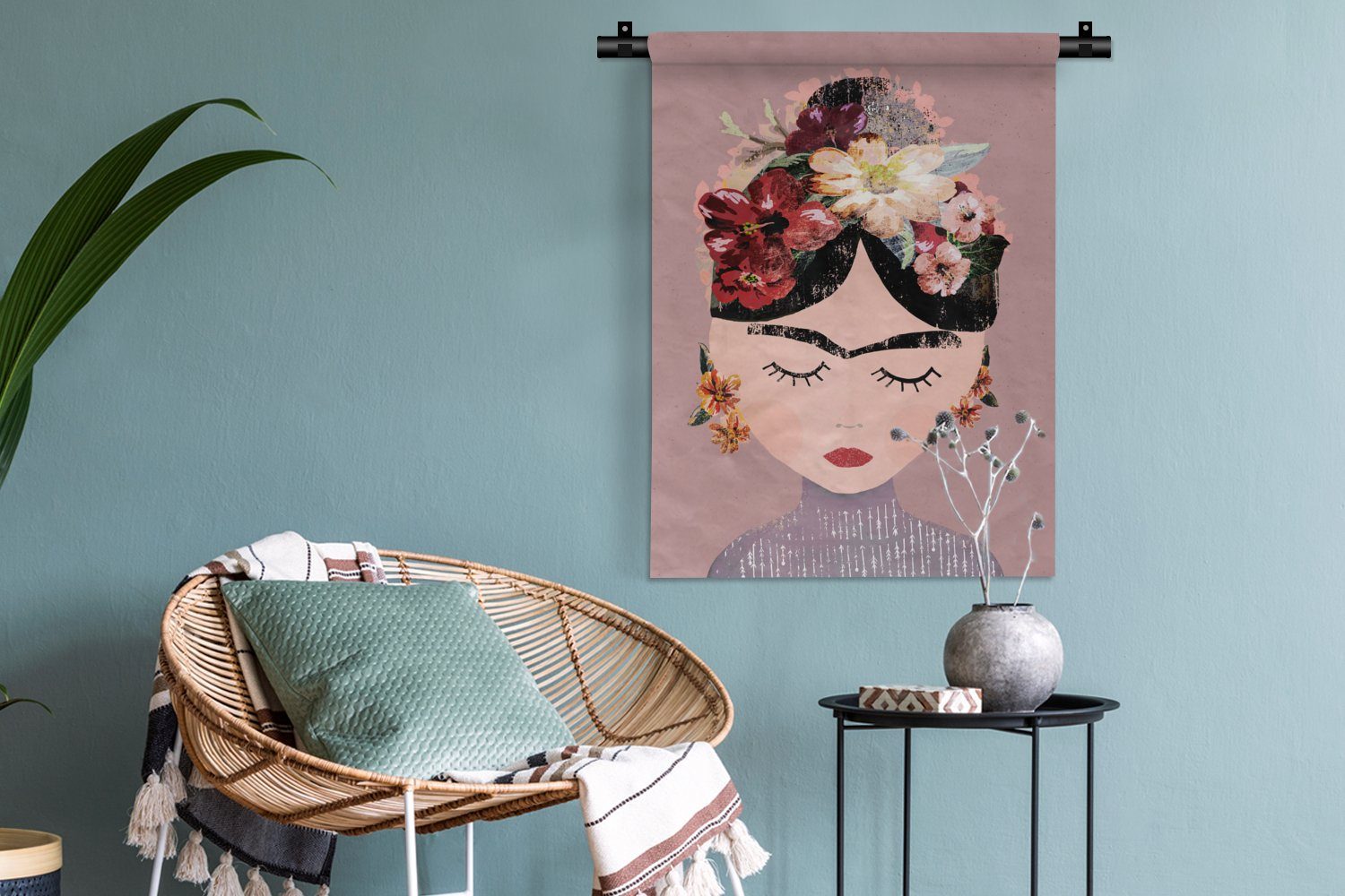 Pastell Wohnzimmer, der - - an Frau Wand, Schlafzimmer Frida Kahlo, MuchoWow Kunst - Tapisserie, Deko für - Blumen Wanddekoobjekt