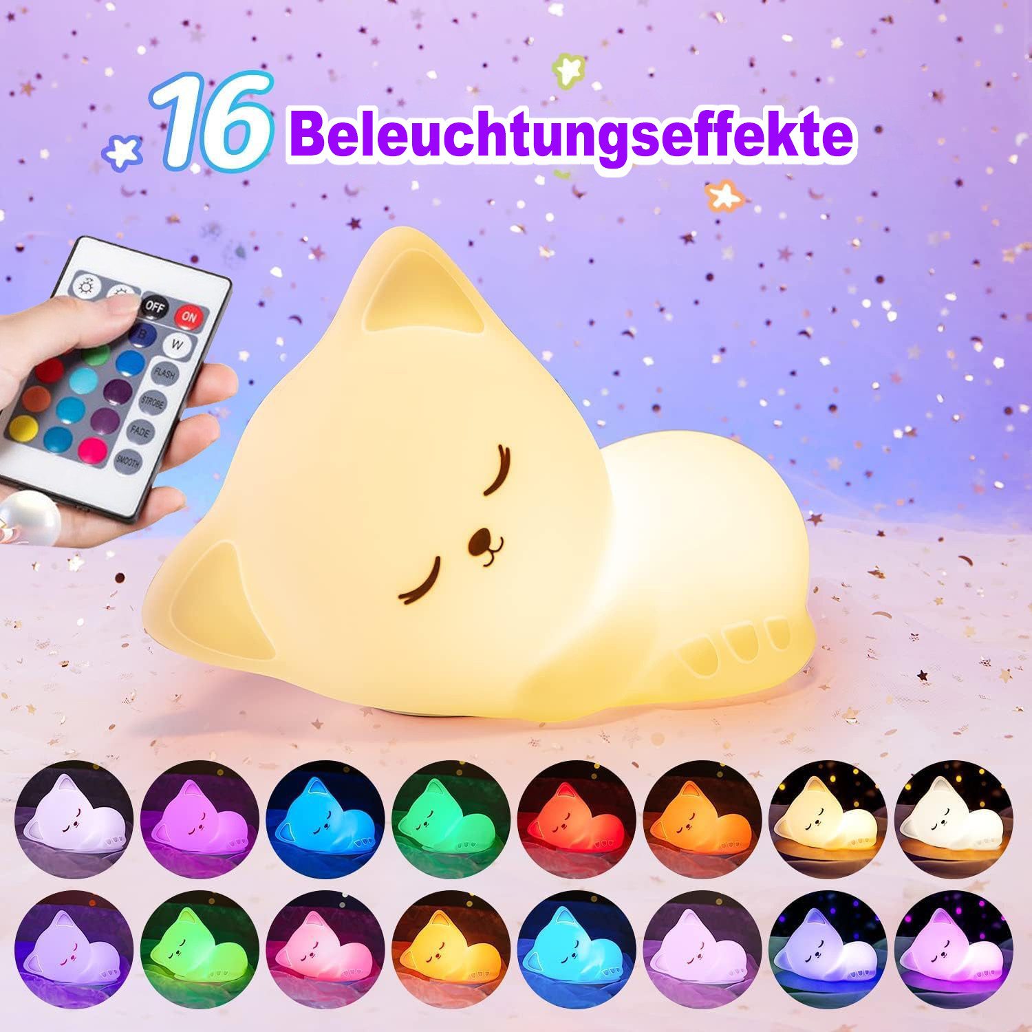 Futicare LED Nachtlicht Tier Nachtlicht, Nachtlicht süße Tiere Silikon, 16 Farben & 5 Helligkeiten, USB Wiederaufladbar, Baby Tischlampe für Kinderzimmer Babyzi – Bild 4 von 5