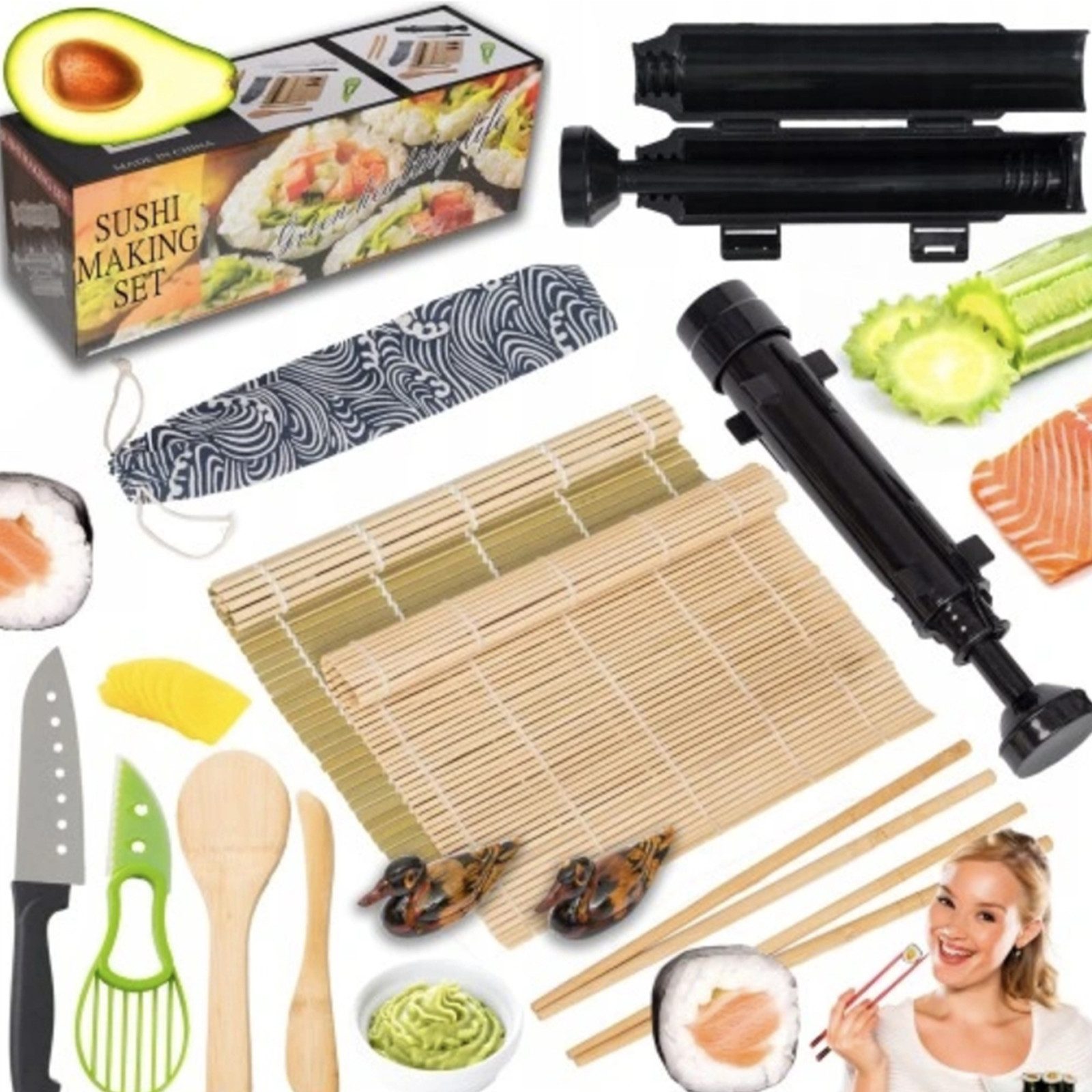 MODFU Sushi-Roller 12-teilig Sushi Komplettset mit Sushi-Bazooka, (DIY Sushikit mit Sushi-Roller Sushi-Messer Holzlöffeln usw. 12-tlg), für Zuhause Anfänger Profis