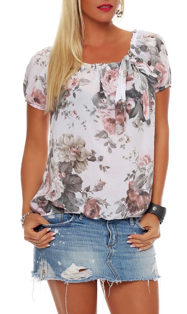 malito more than fashion Schlupfbluse Bluse 3443 Tunika mit Schleife und Blume Einheitsgröße weiß