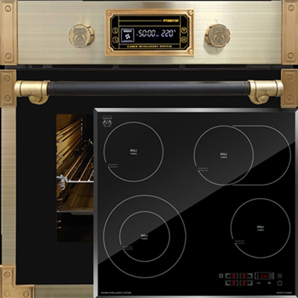 Kaiser Küchengeräte Backofen-Set Herd Set Autark Retro Pyrolyse Einbau Backofen 73L Anthrazitfarbiges Glas 60 cm+High Light Glaskeramik Kochfeld 60cm Schwarz glas Facettenschliff-Kanten EH 6427 AD+KCT 6115 F, mit 1-fach-Teleskopauszug, Einbau Backofen 60 cm+ Glaskeramik Kochfeld 60cm
