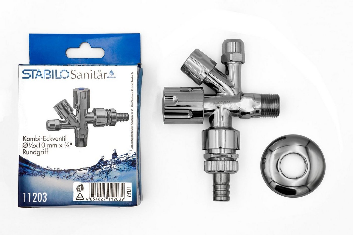 Thumbnail - Stabilo Sanitär Auslaufventil Kombi-Eckventil Ø 1/2 x 10 mm x 3/4 Zoll mit Rundgriffe