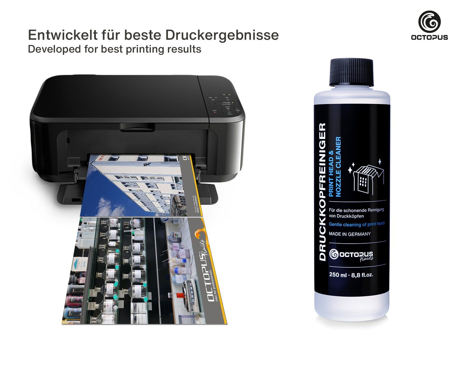 OCTOPUS Fluids Düsenreiniger 250ml für Epson Druckköpfe mit Schlauchadapter Nachfülltinte (für Epson, Reinigungsset, 1x 250 ml, Made in Germany)